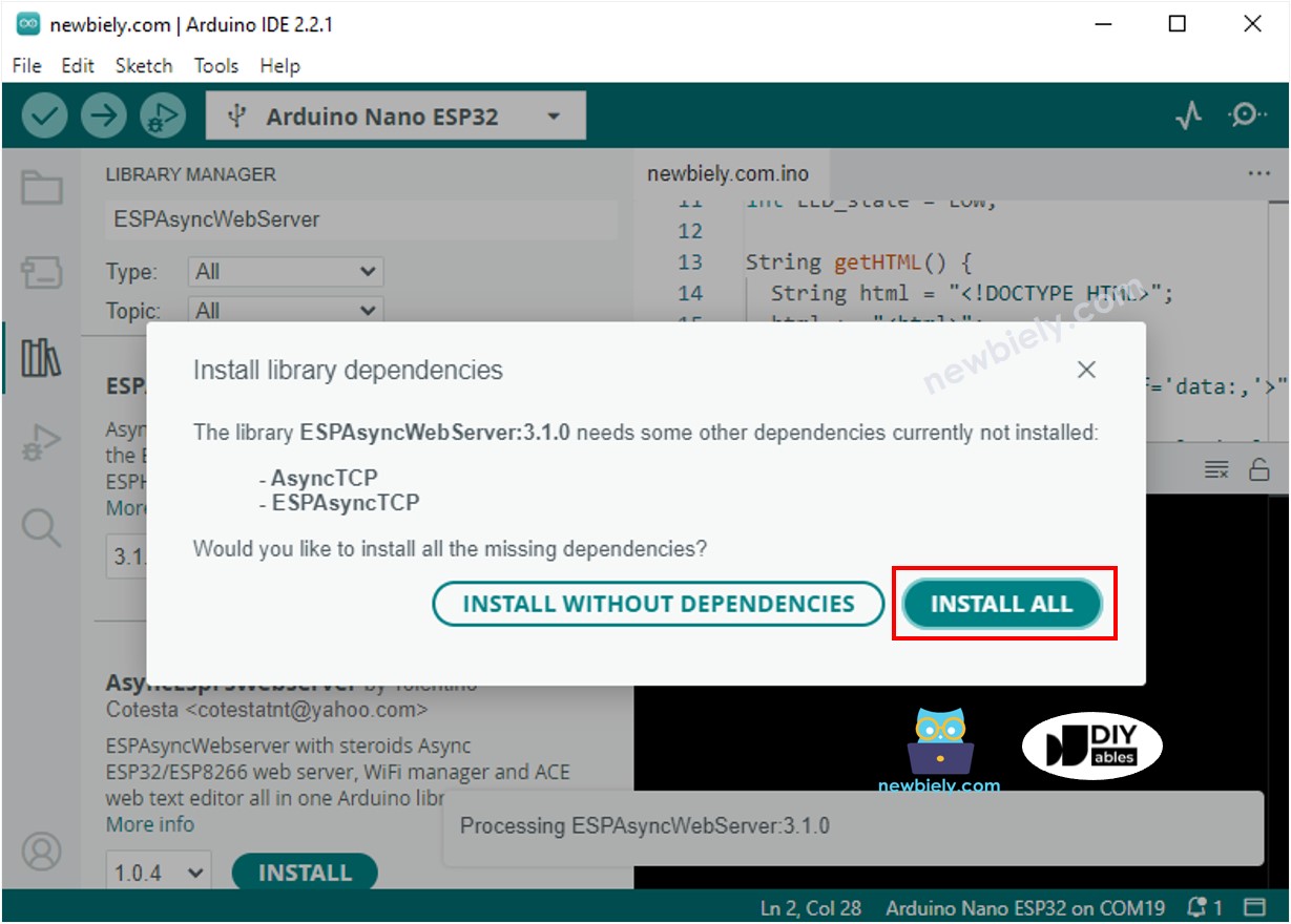 Arduino Nano ESP32 ESPAsyncWebServer dependencies library