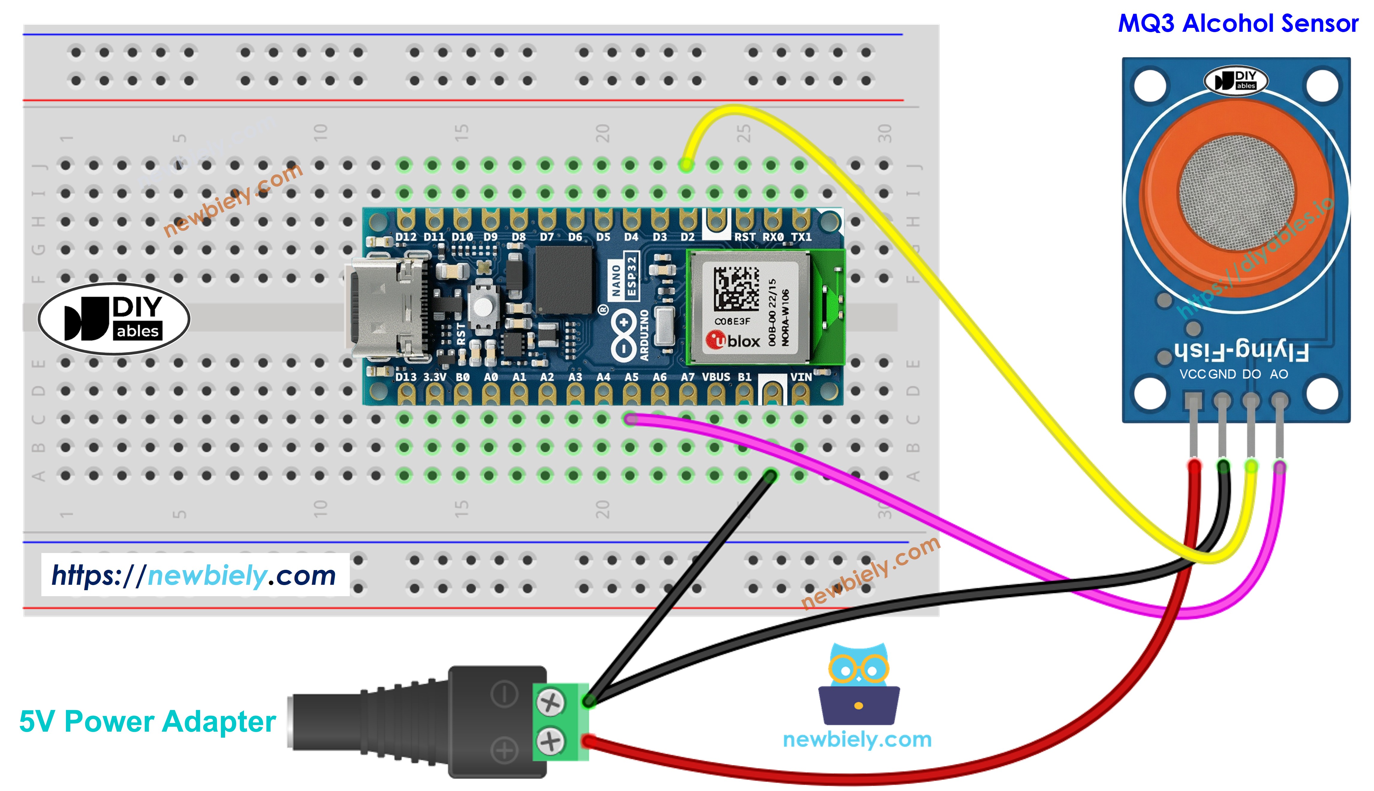 The wiring diagram between Arduino Nano ESP32 and alcohol detector
