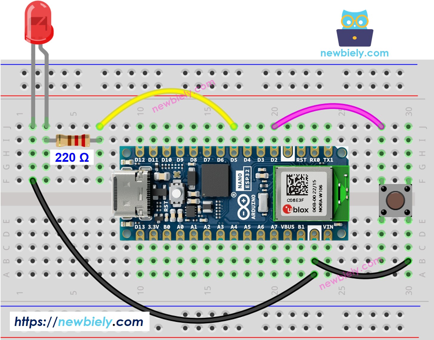 The wiring diagram between Arduino Nano ESP32 and Button LED