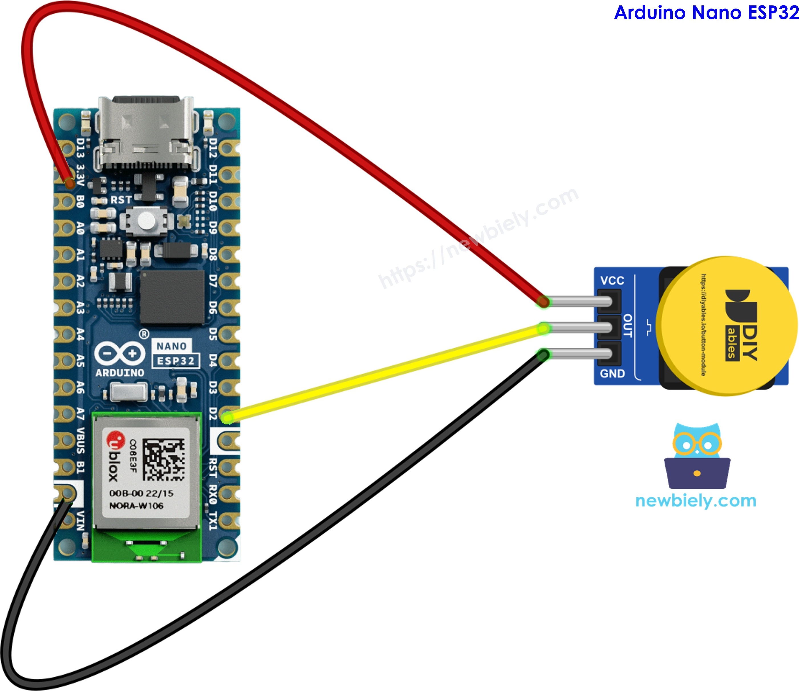 The wiring diagram between Arduino Nano ESP32 and button module