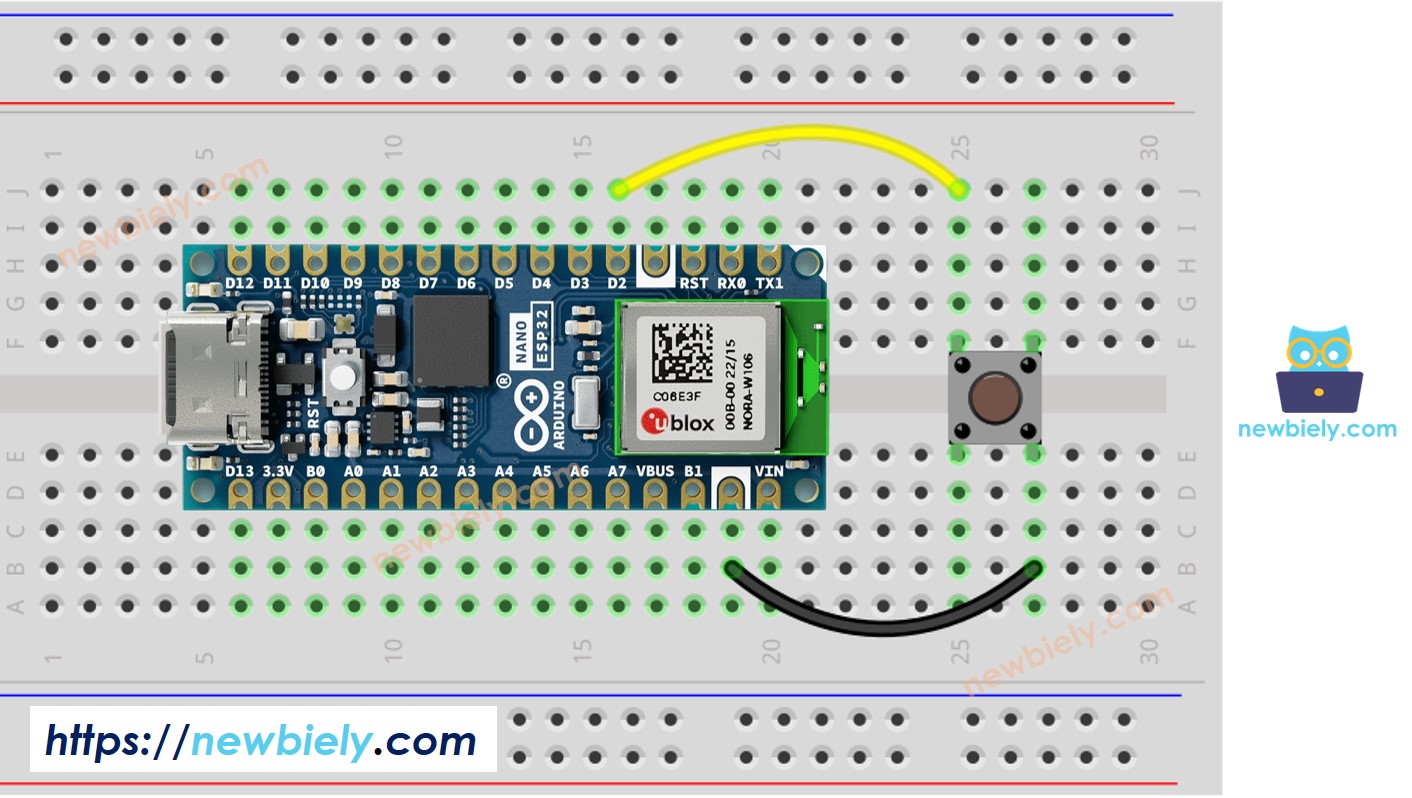 The wiring diagram between Arduino Nano ESP32 and Button