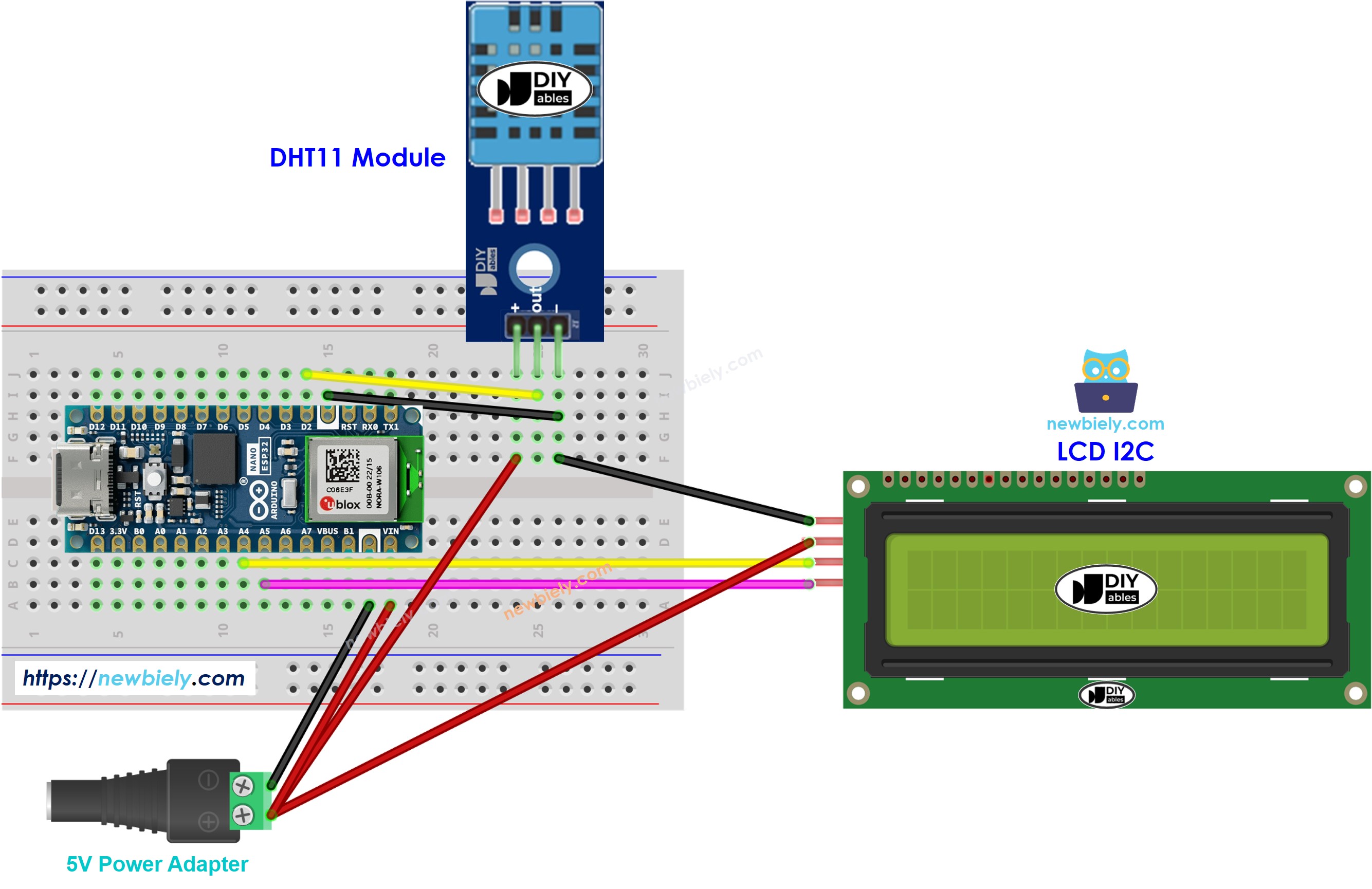 The wiring diagram between Arduino Nano ESP32 and DHT11 LCD I2C