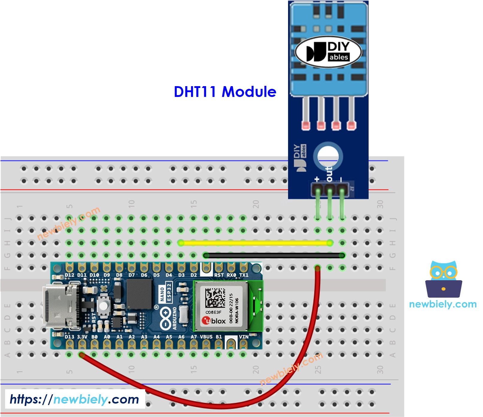 The wiring diagram between Arduino Nano ESP32 and DHT11 Temperature and humidity Module
