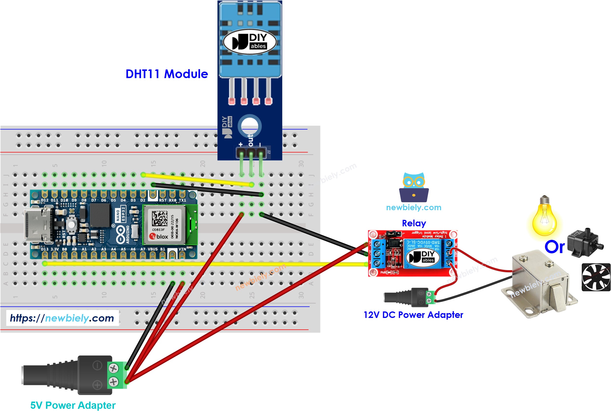 The wiring diagram between Arduino Nano ESP32 and dht11 sensor relay