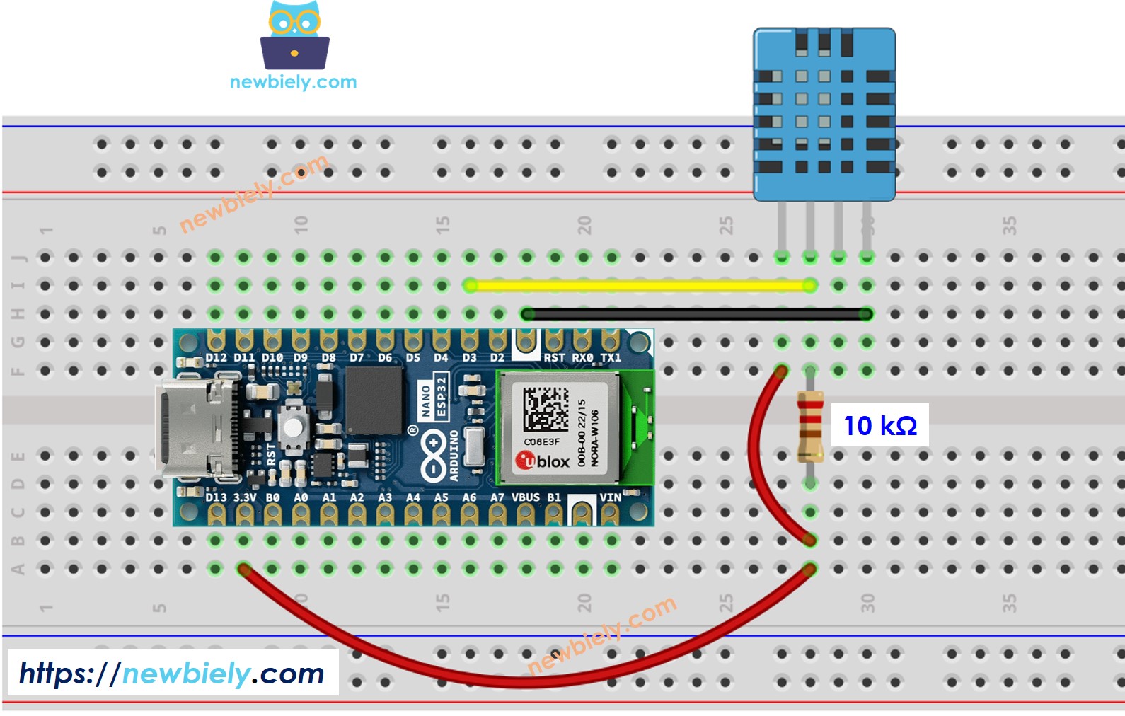 The wiring diagram between Arduino Nano ESP32 and DHT11 Temperature and humidity Sensor