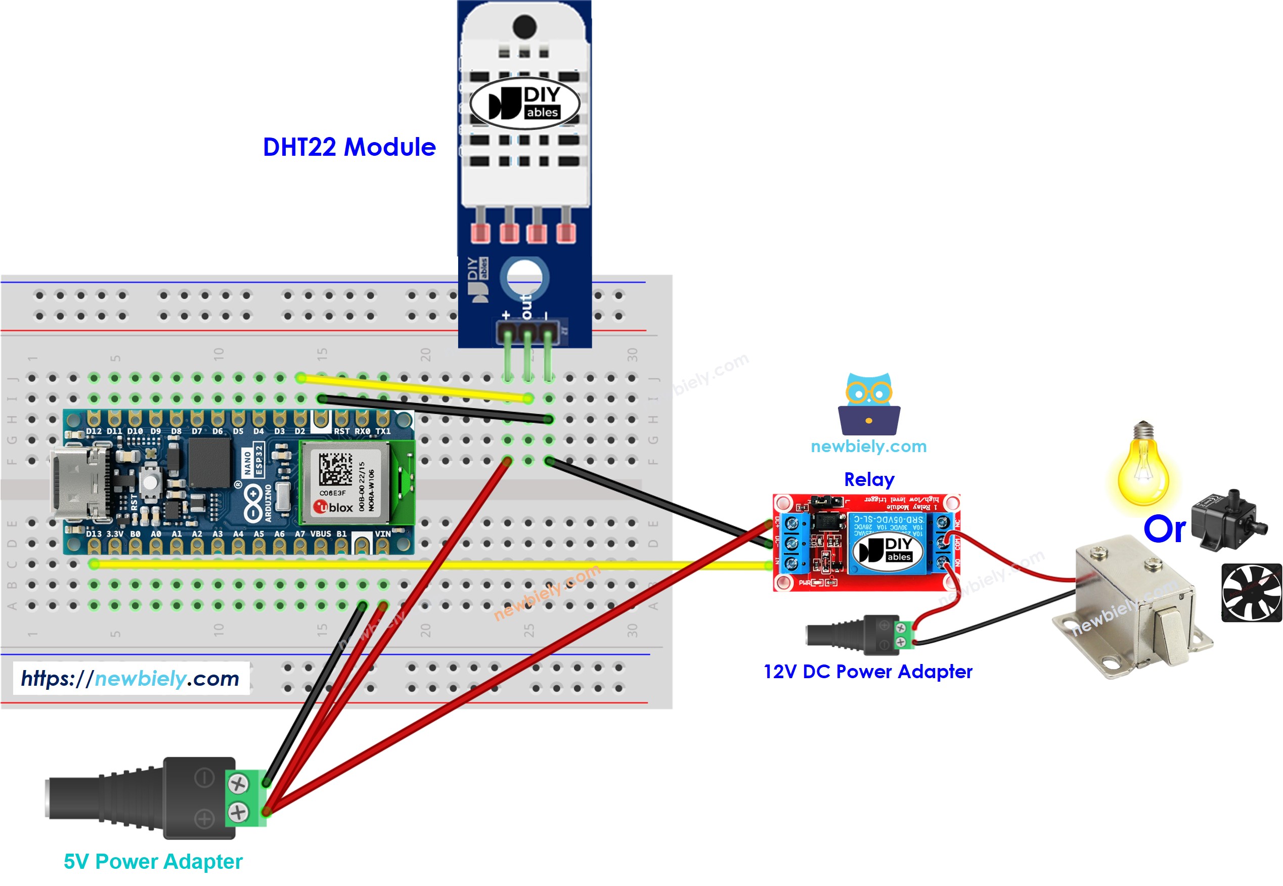 The wiring diagram between Arduino Nano ESP32 and dht22 sensor relay