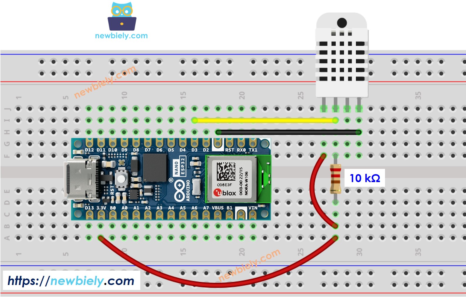 The wiring diagram between Arduino Nano ESP32 and DHT22 Temperature and humidity Sensor