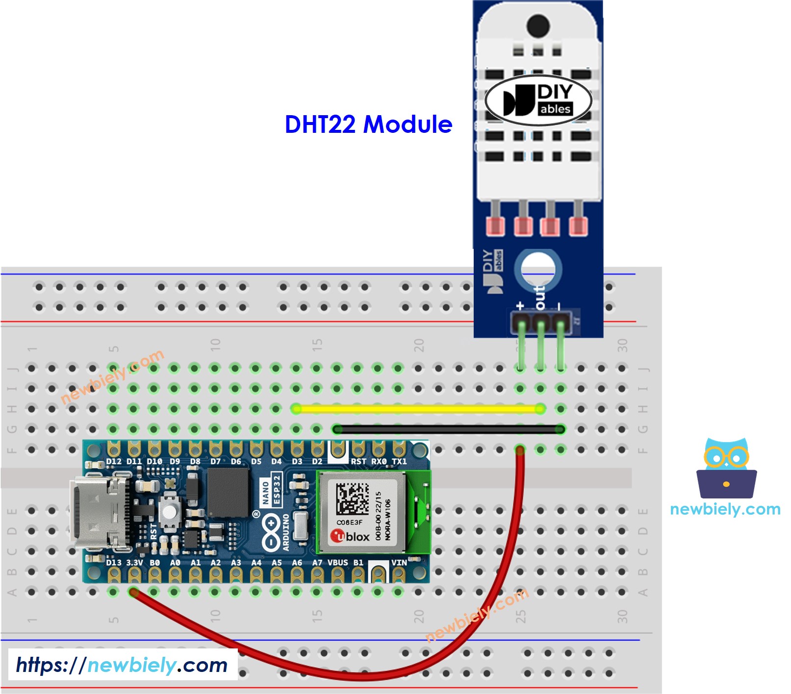 The wiring diagram between Arduino Nano ESP32 and DHT22 Temperature and humidity Module