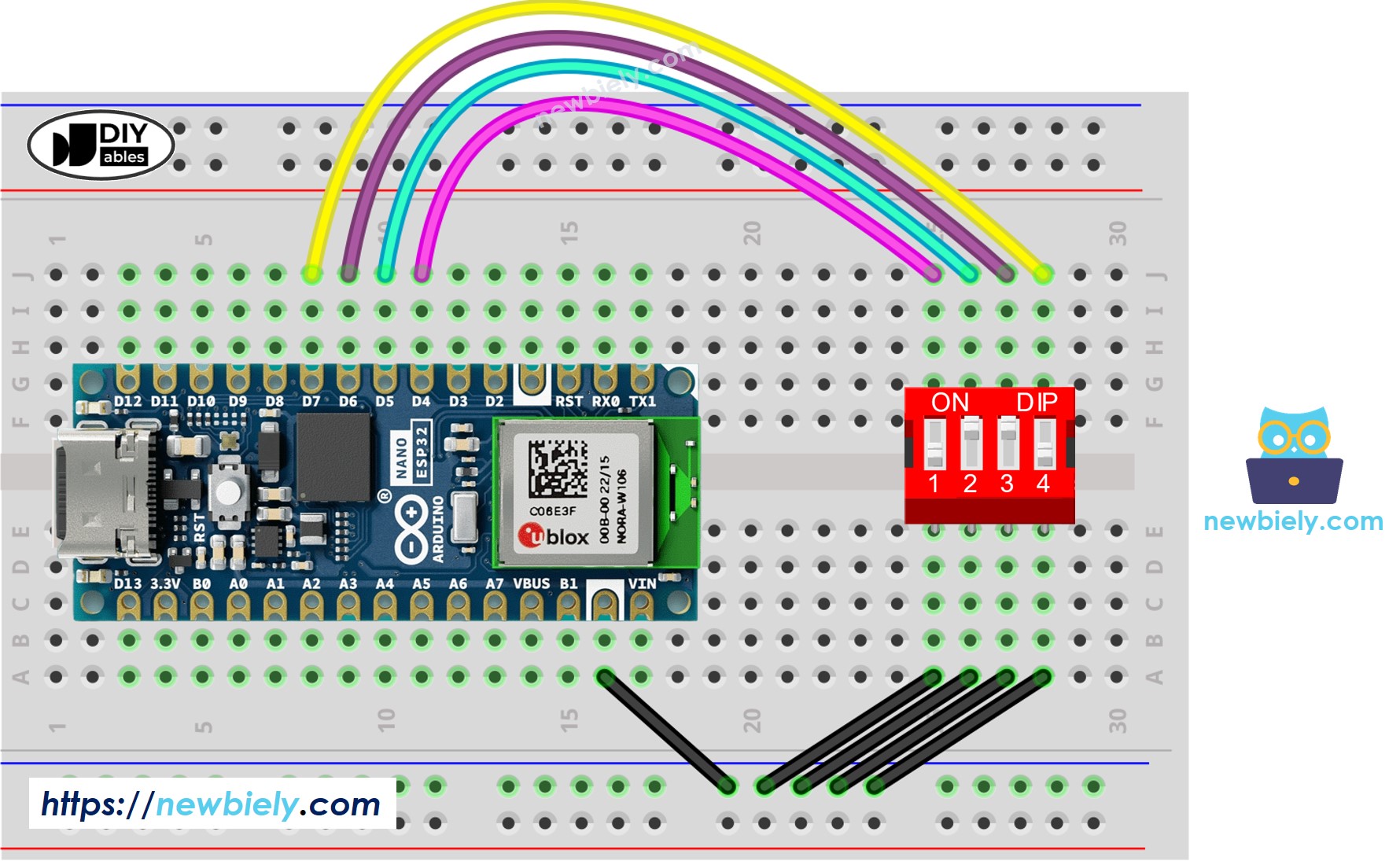 The wiring diagram between Arduino Nano ESP32 and DIP switch