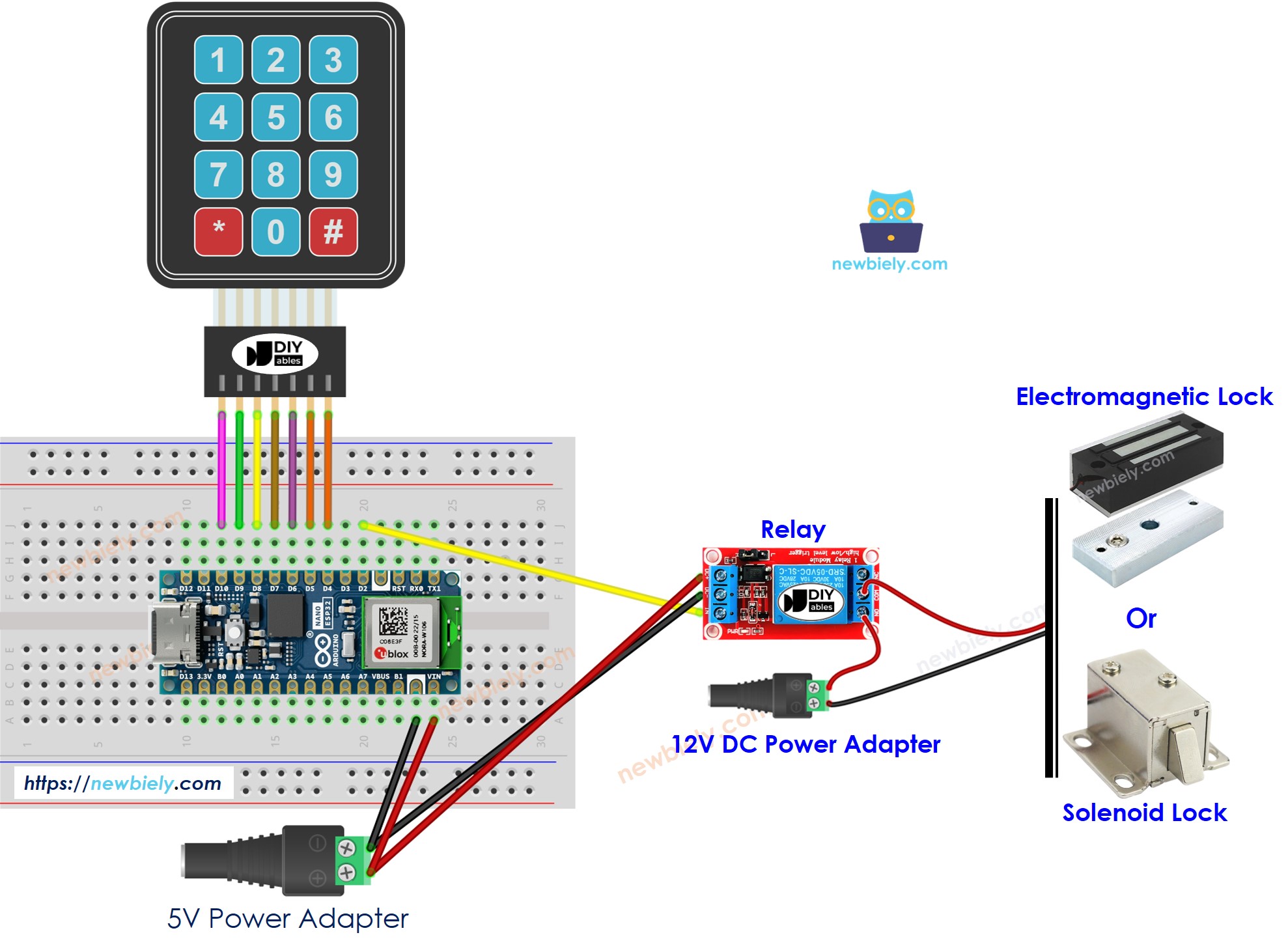 The wiring diagram between Arduino Nano ESP32 and door lock system