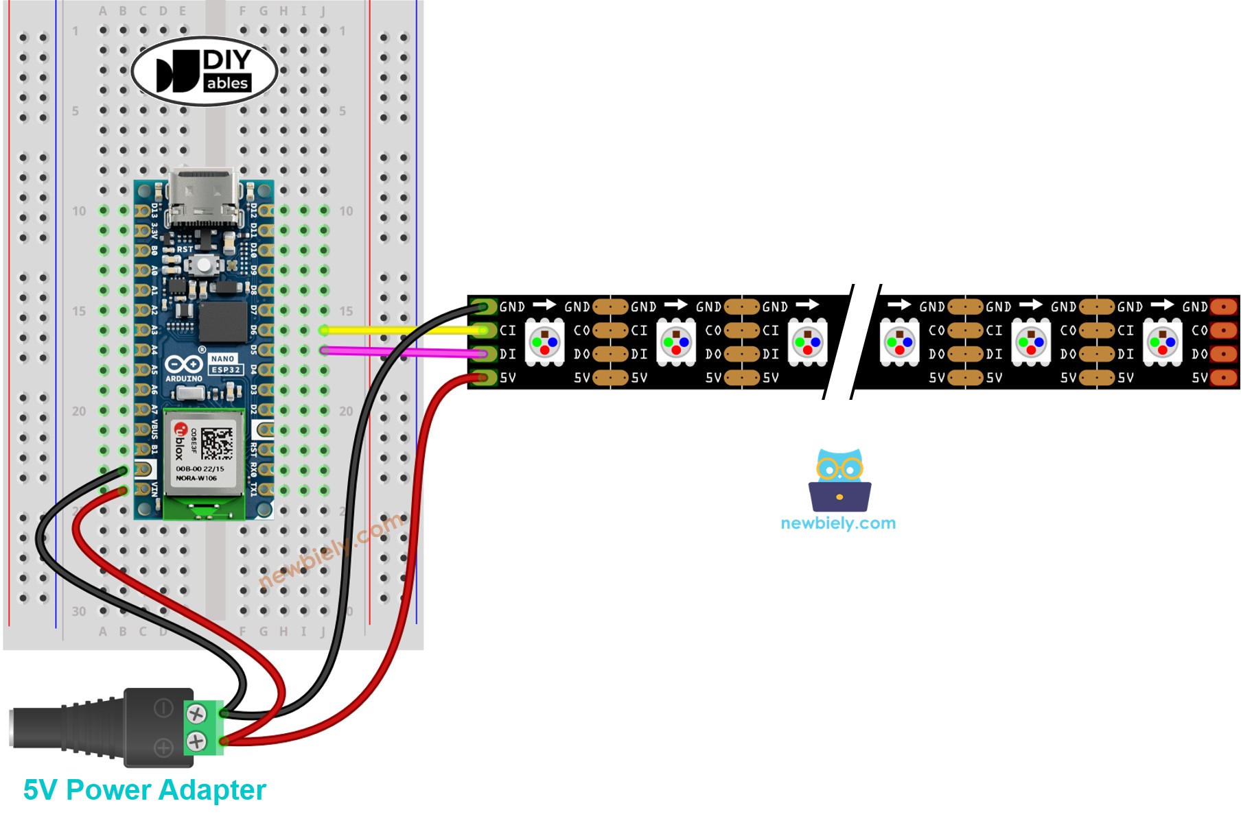 The wiring diagram between Arduino Nano ESP32 and DotStar RGB LED strip