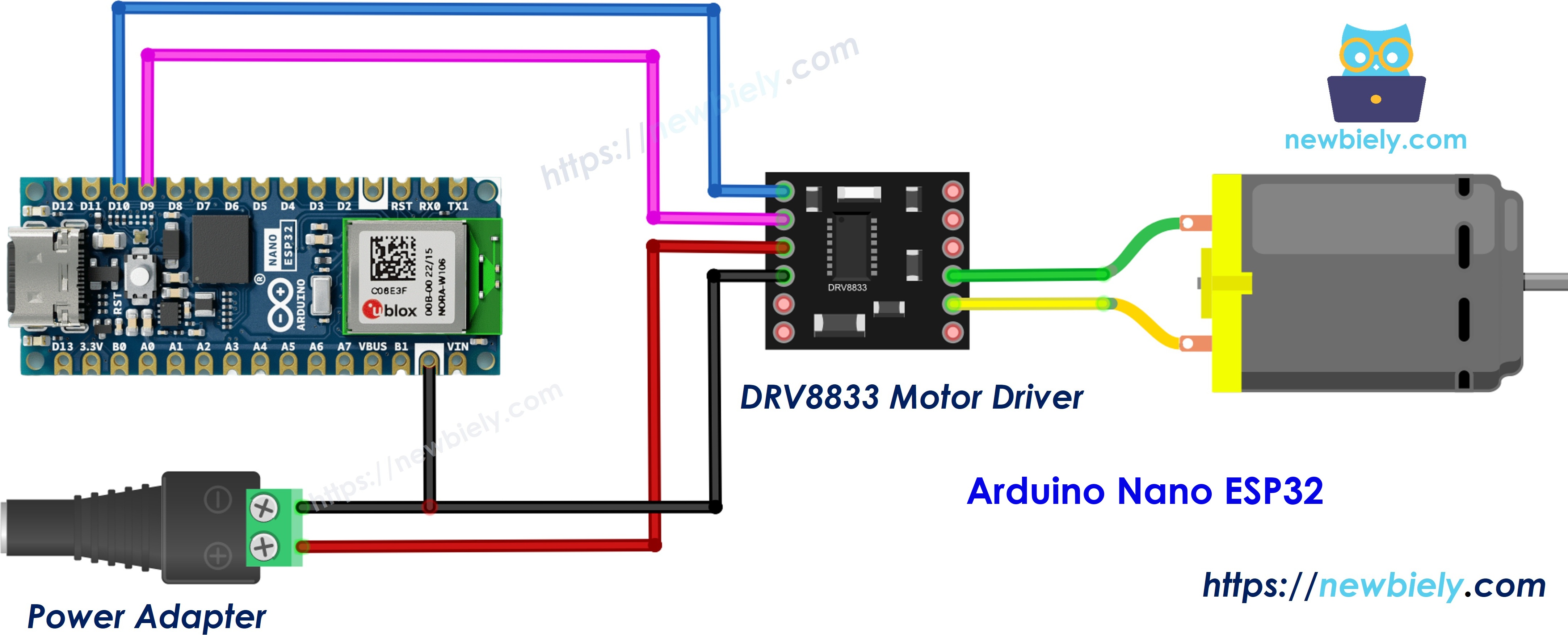 The wiring diagram between Arduino Nano ESP32 and DRV8833 one DC motor