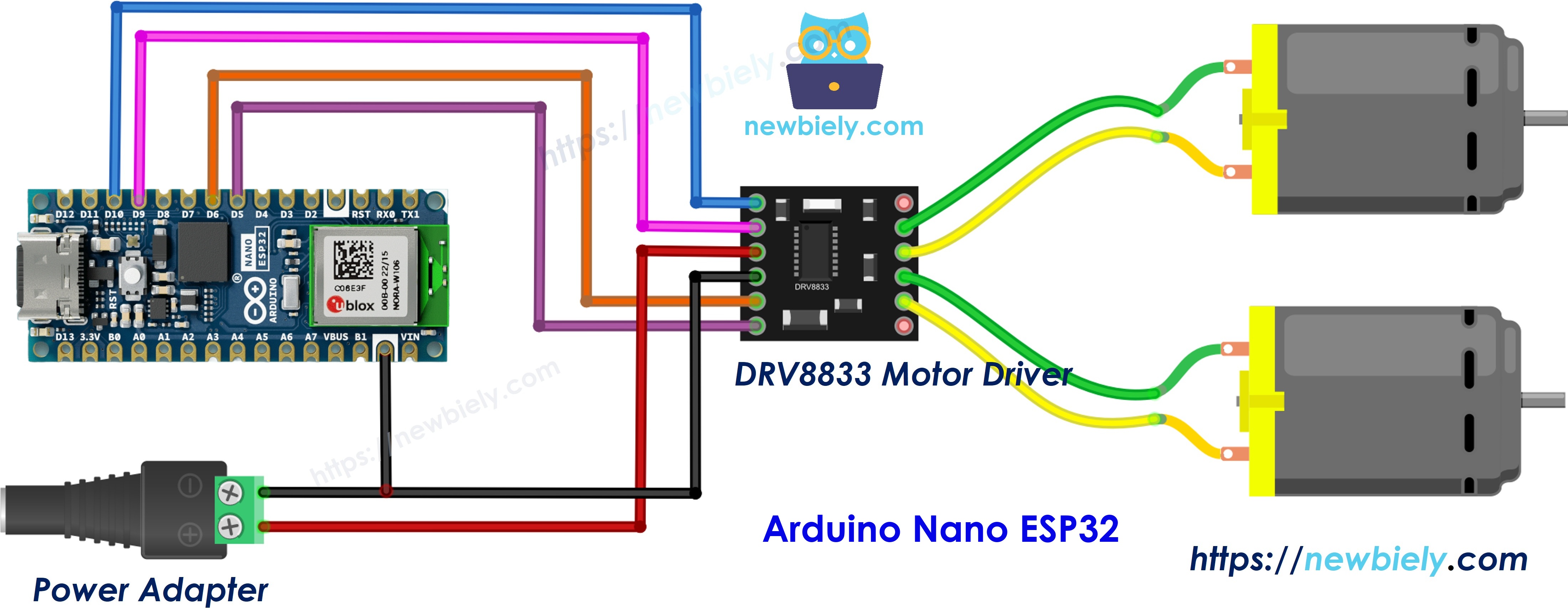 The wiring diagram between Arduino Nano ESP32 and DRV8833 two DC motors
