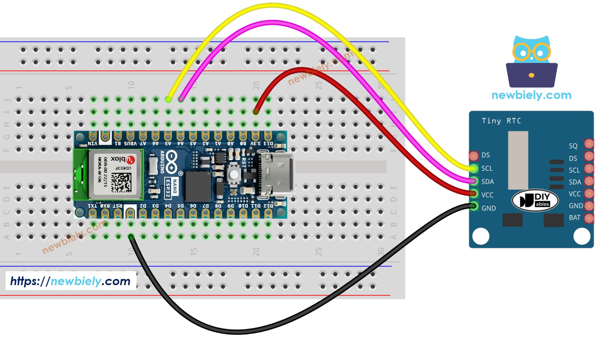 The wiring diagram between Arduino Nano ESP32 and Real-Time Clock DS1307