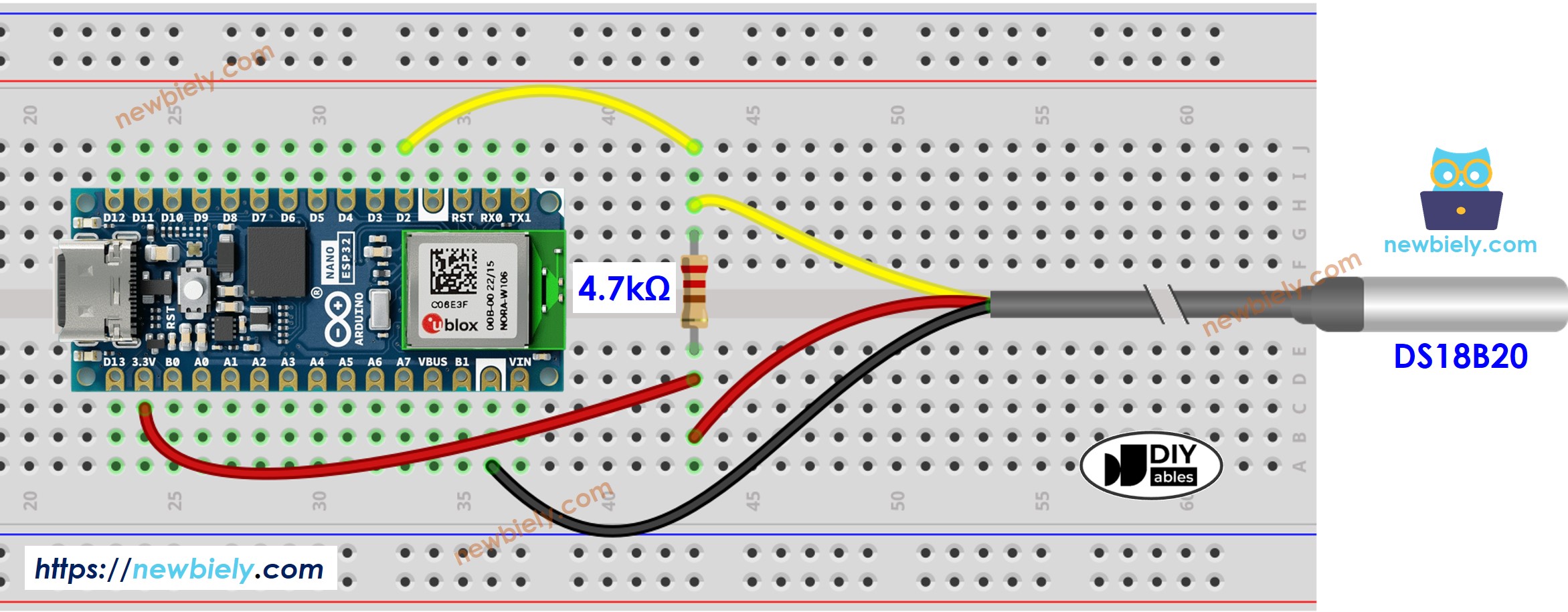 The wiring diagram between Arduino Nano ESP32 and Temperature Sensor