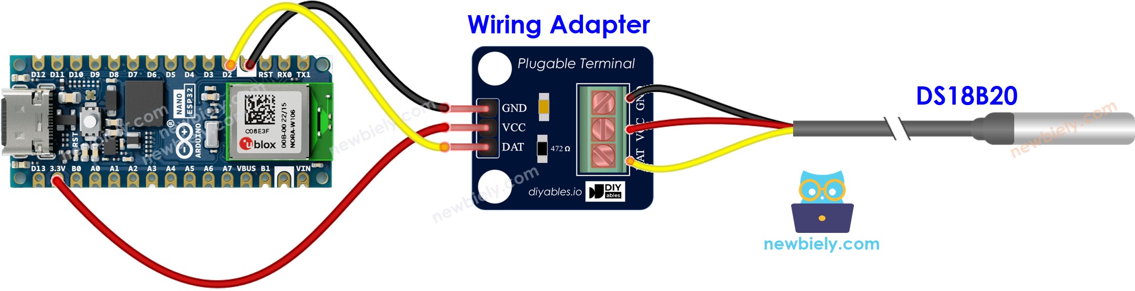 The wiring diagram between Arduino Nano ESP32 and Web Server DS18B20 Temperature Sensor
