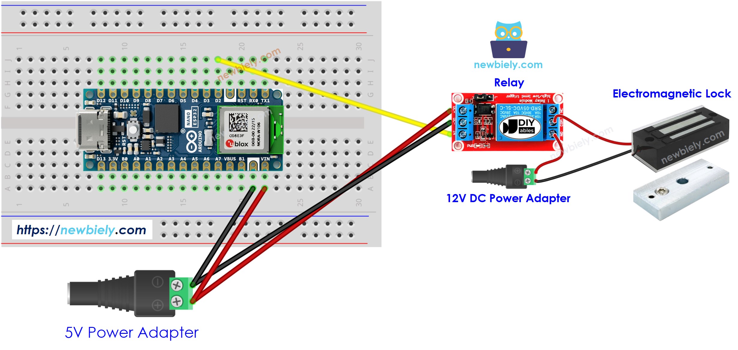 The wiring diagram between Arduino Nano ESP32 and Electromagnetic Lock