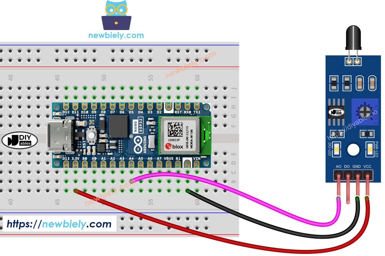 The wiring diagram between Arduino Nano ESP32 and fire sensor