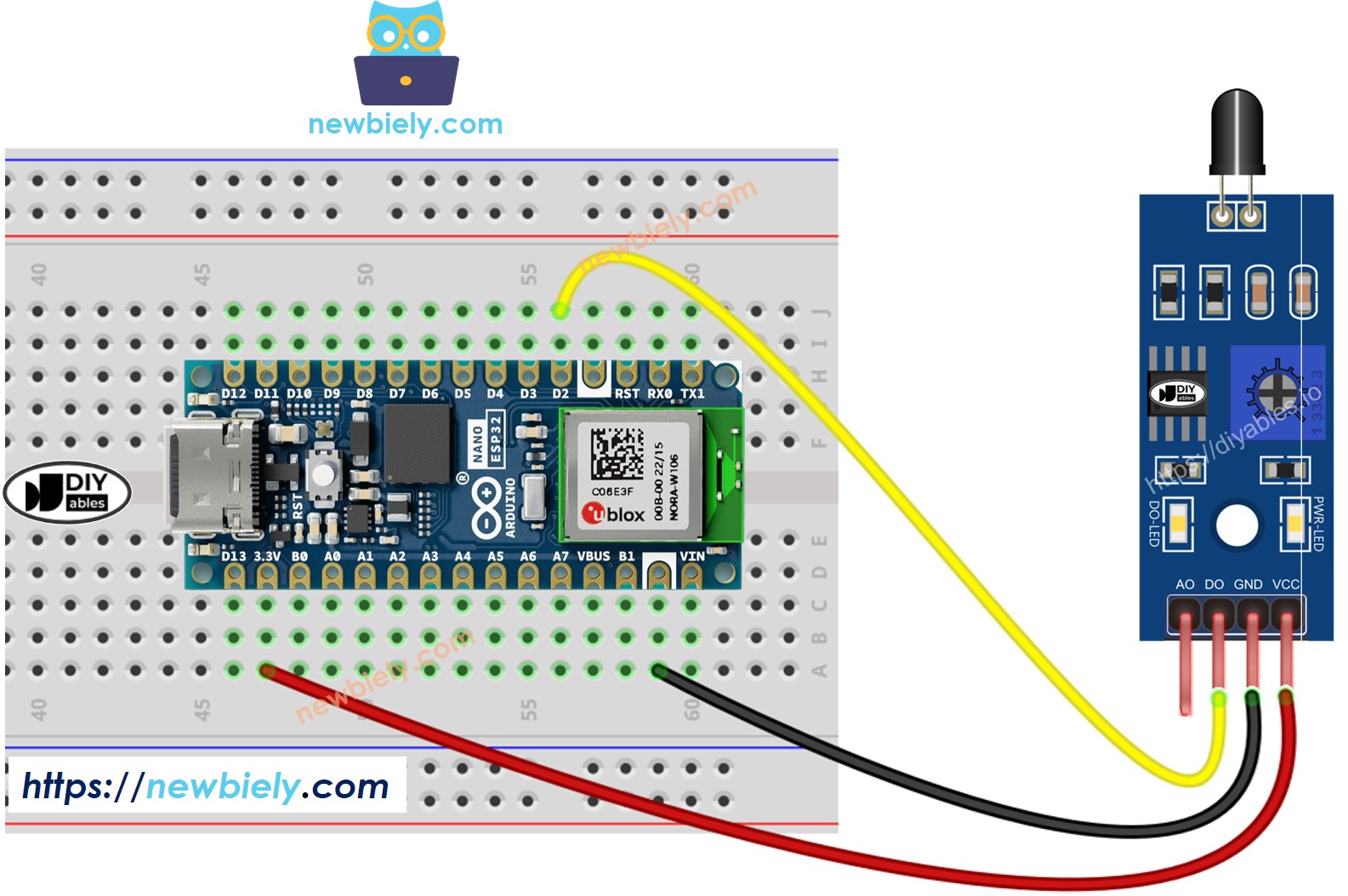 The wiring diagram between Arduino Nano ESP32 and Flame Sensor