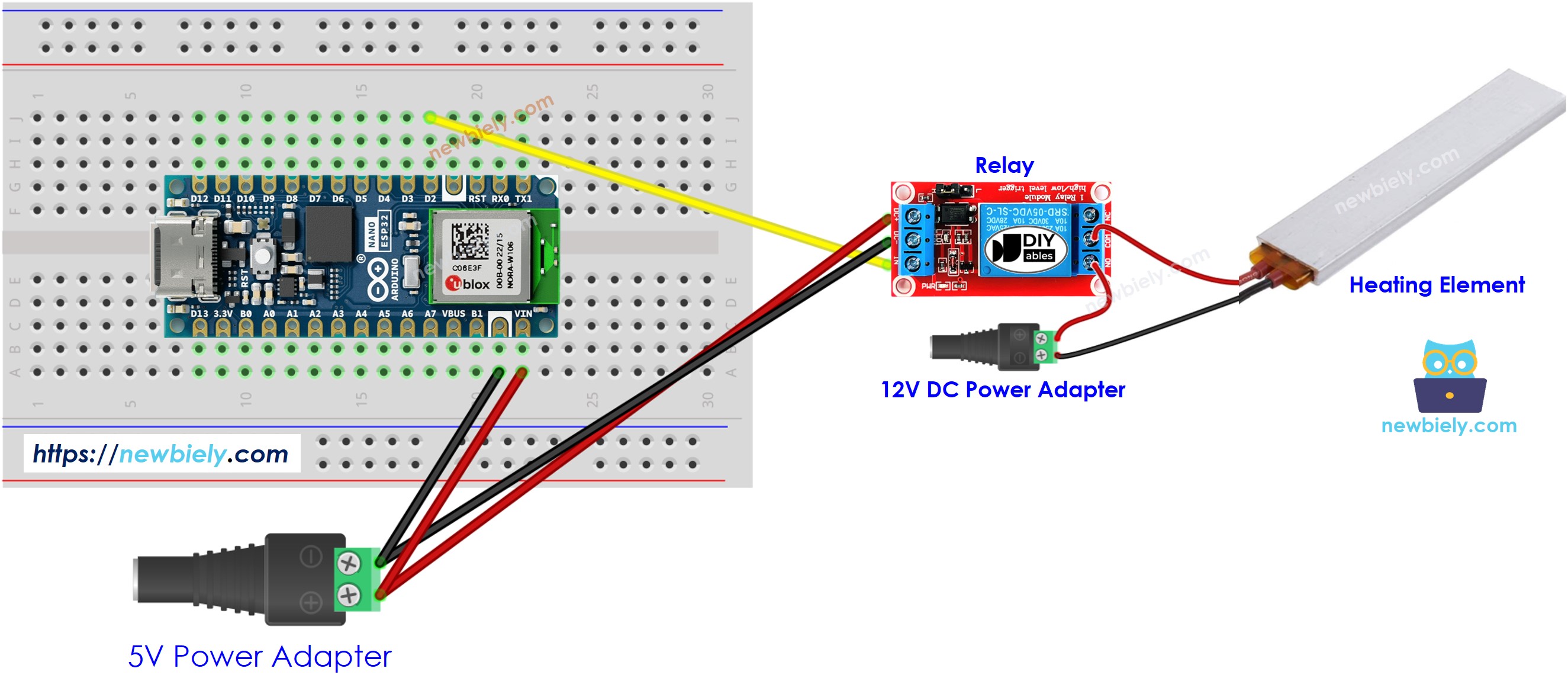 The wiring diagram between Arduino Nano ESP32 and Heating Element