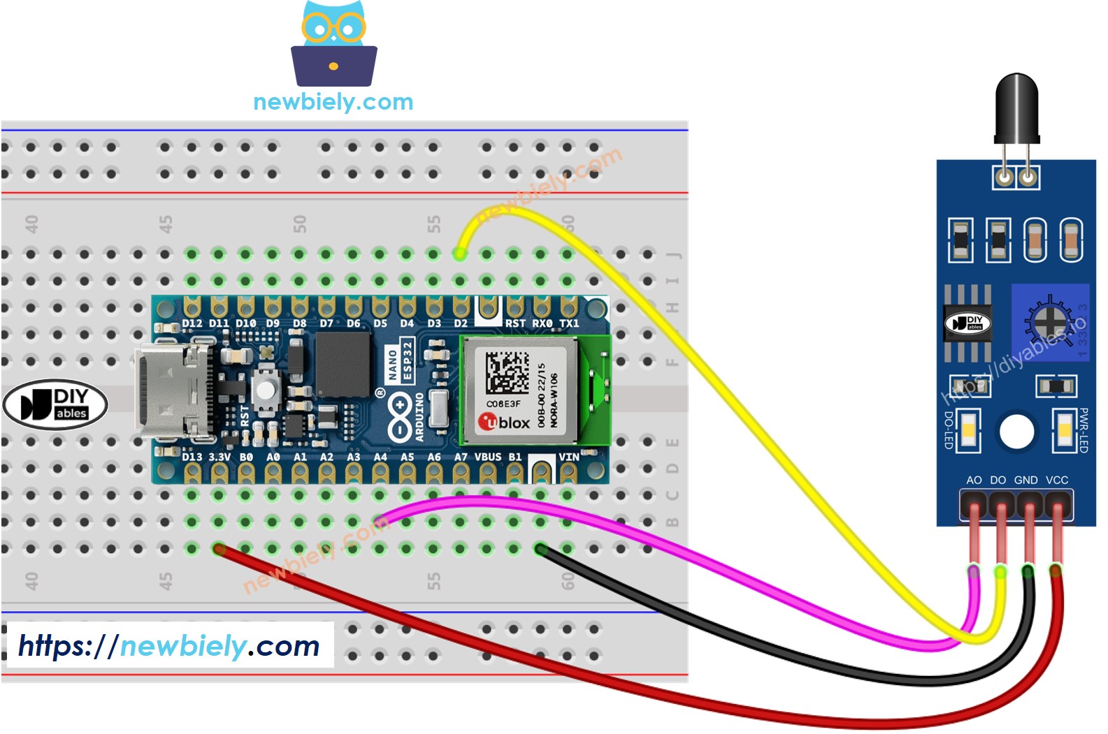 The wiring diagram between Arduino Nano ESP32 and infrared flame sensor