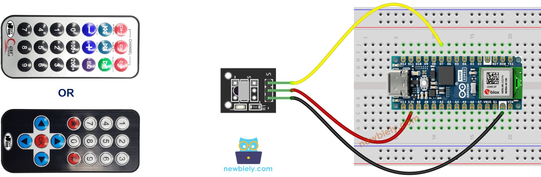 The wiring diagram between Arduino Nano ESP32 and IR Remote Control