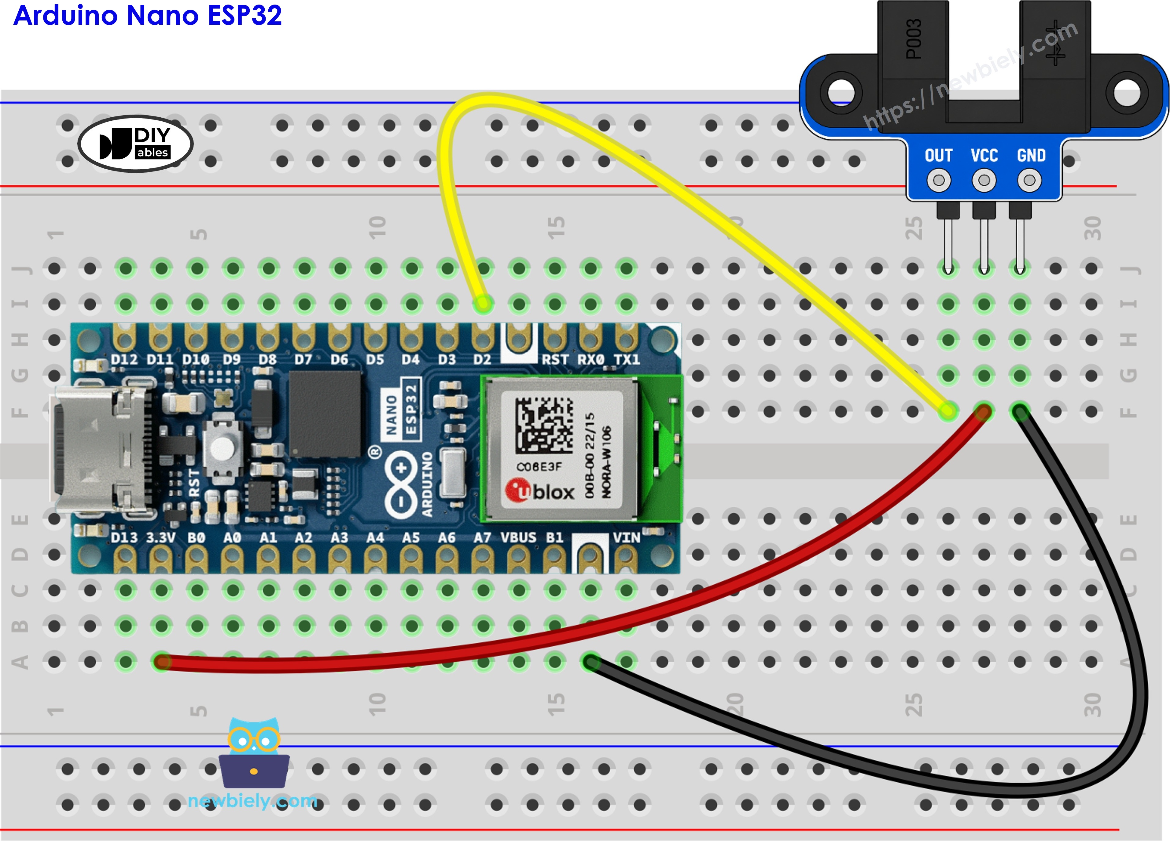The wiring diagram between Arduino Nano ESP32 and IR slotted optical speed sensor