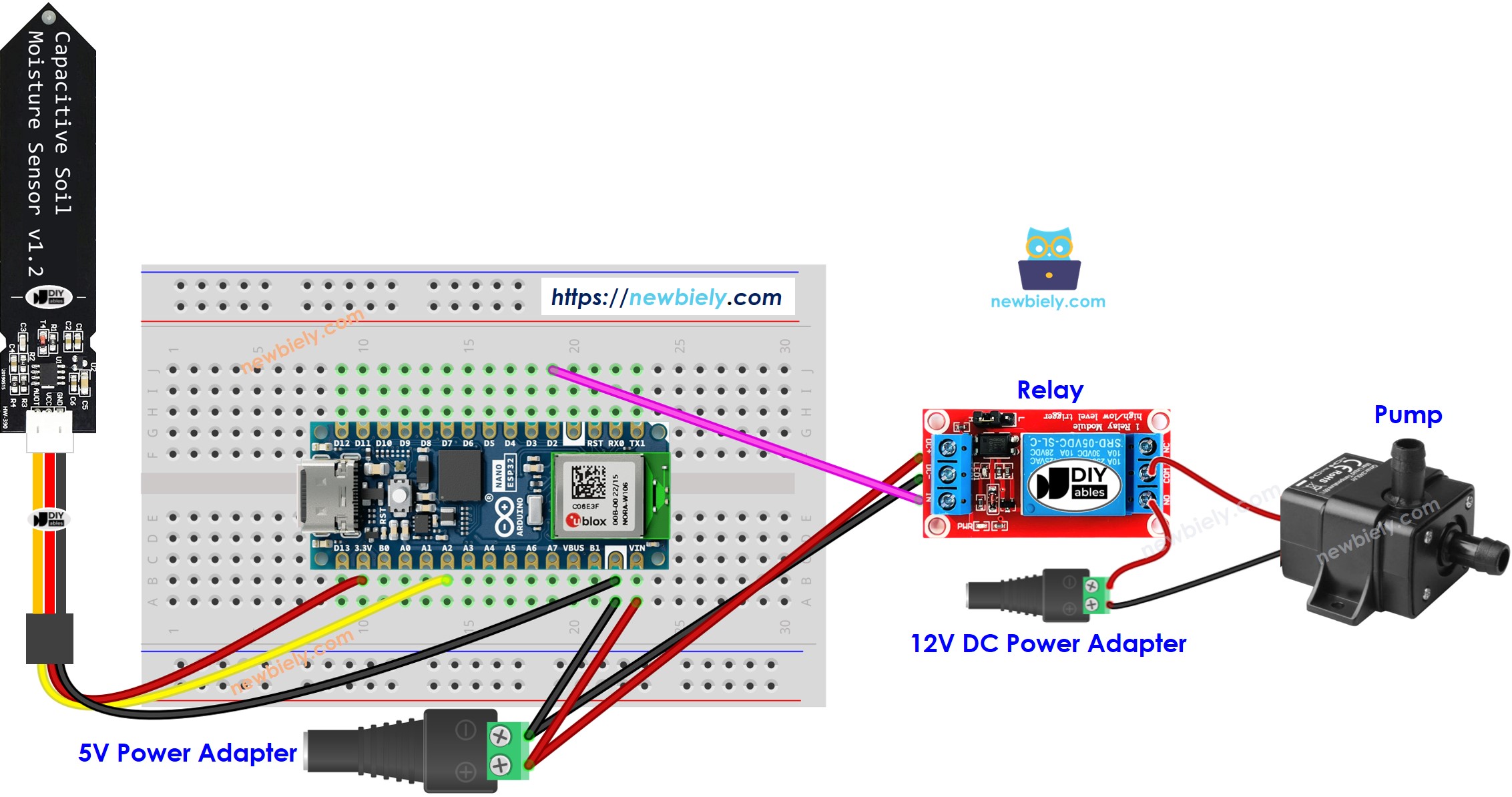 The wiring diagram between Arduino Nano ESP32 and soil moisture sensor Pump