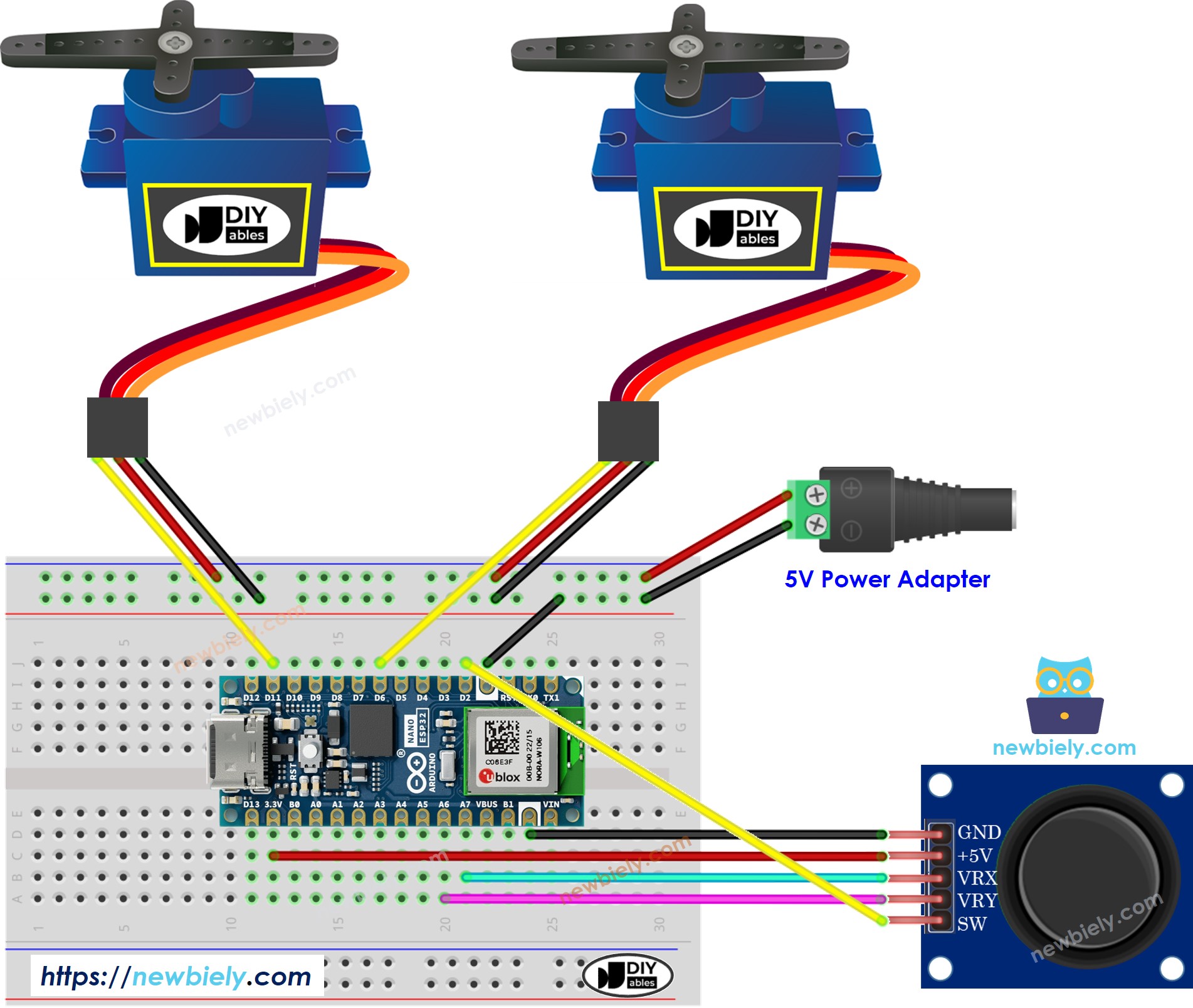The wiring diagram between Arduino Nano ESP32 and Joystick Servo Motor