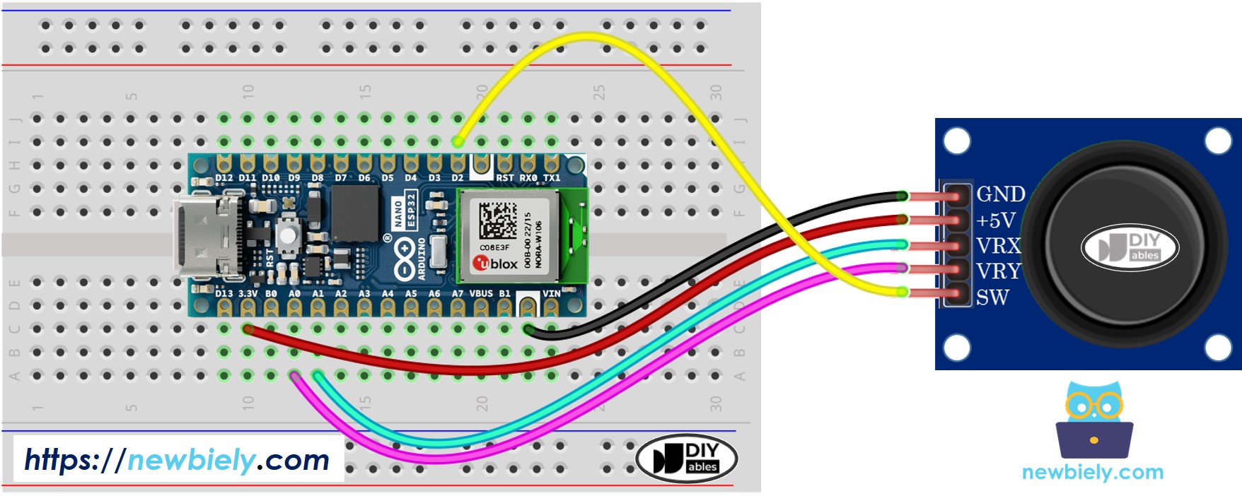 The wiring diagram between Arduino Nano ESP32 and Joystick