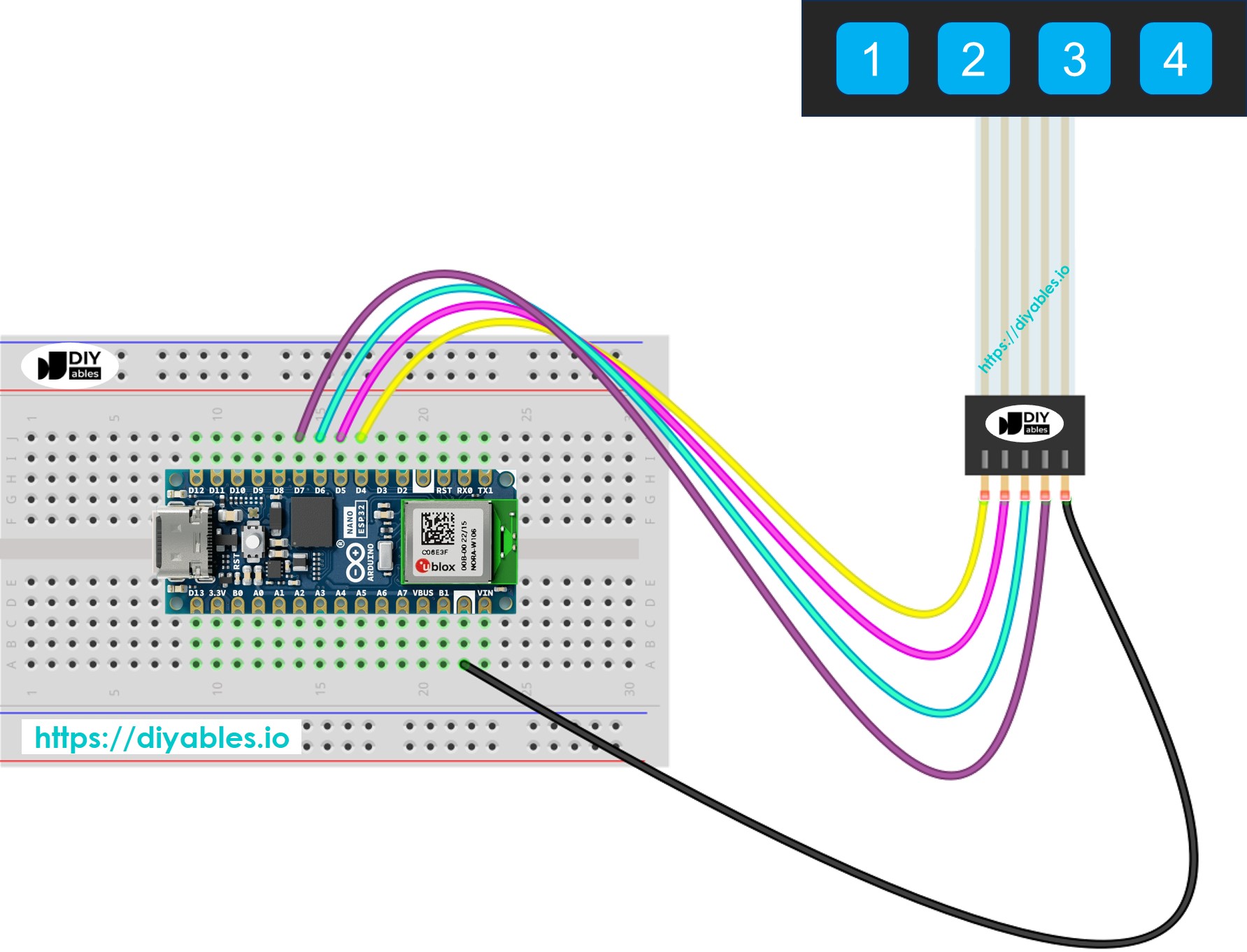 The wiring diagram between Arduino Nano ESP32 and Keypad 1x4