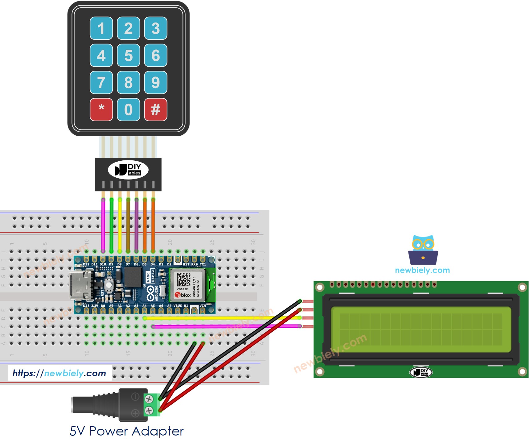 The wiring diagram between Arduino Nano ESP32 and Keypad LCD