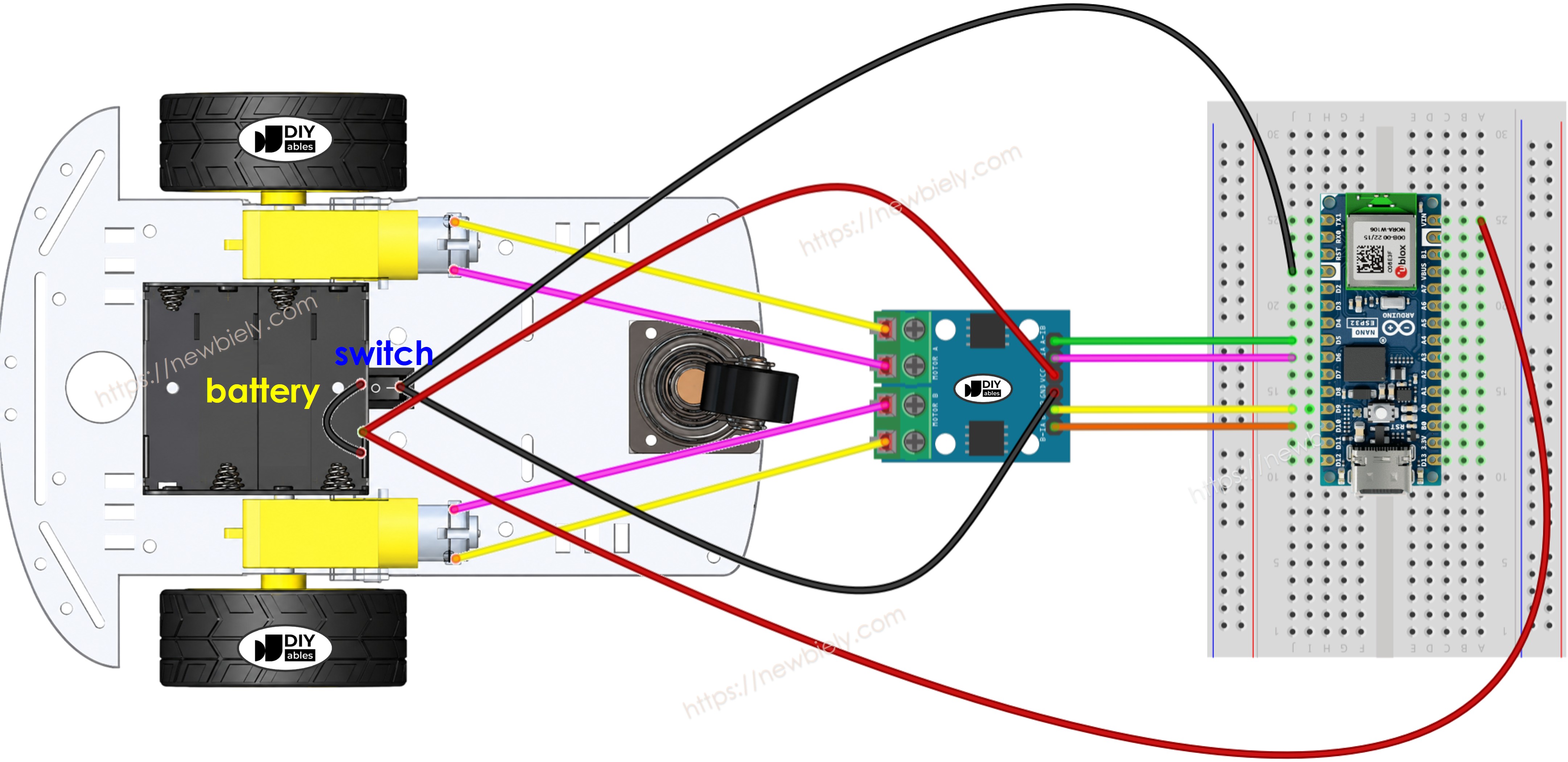The wiring diagram between Arduino Nano ESP32 and 2WD RC Car