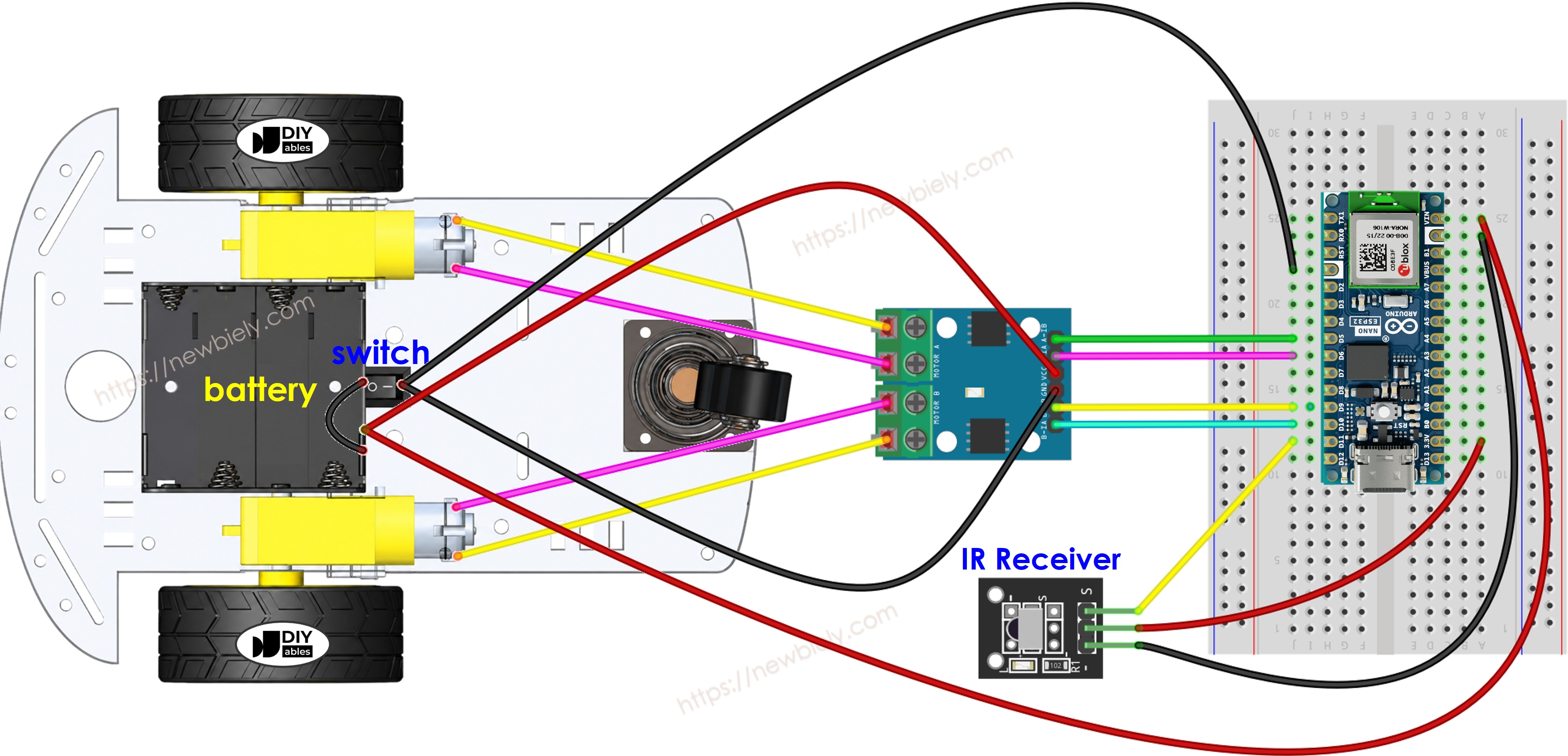 The wiring diagram between Arduino Nano ESP32 and 2WD car