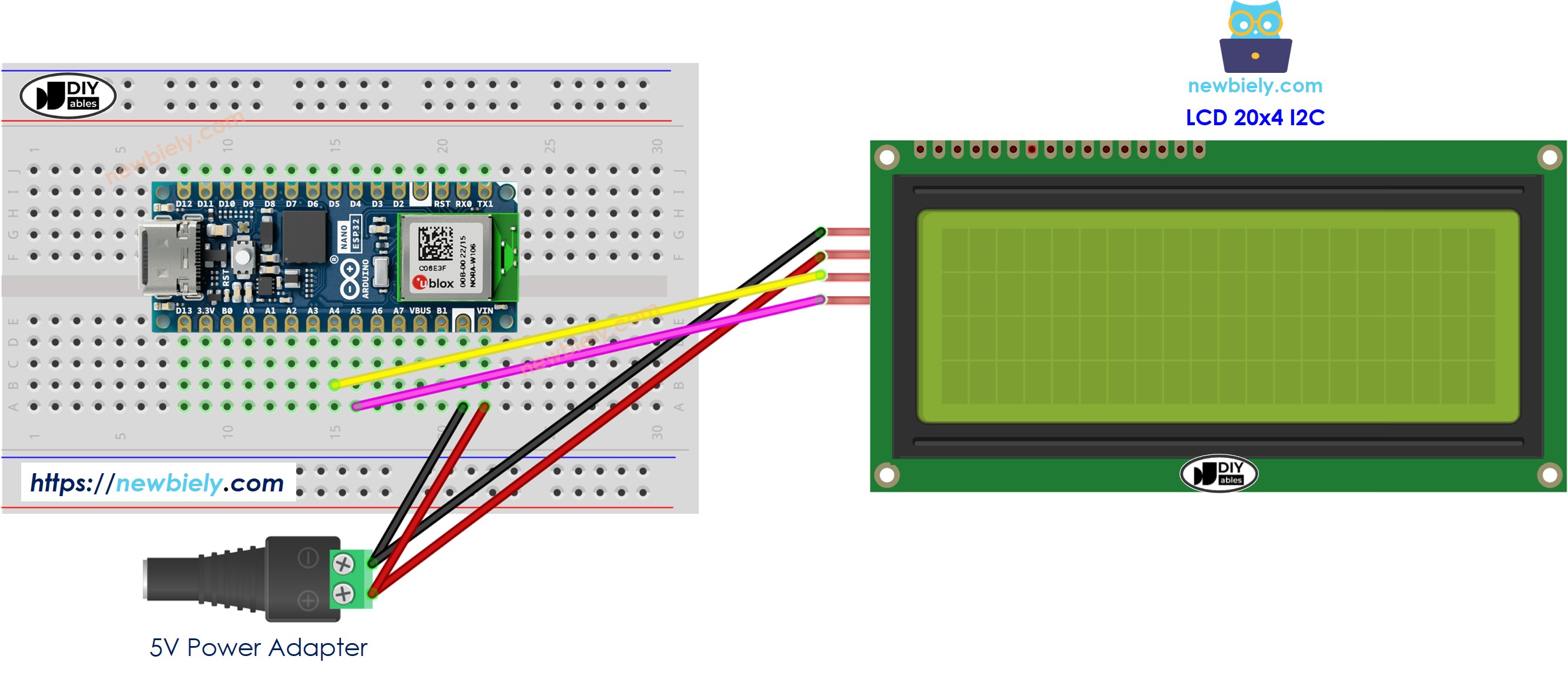 The wiring diagram between Arduino Nano ESP32 and LCD 20x4 I2C external power source
