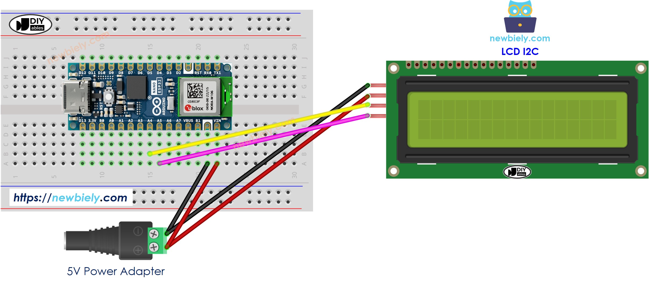 The wiring diagram between Arduino Nano ESP32 and LCD I2C 5V power source