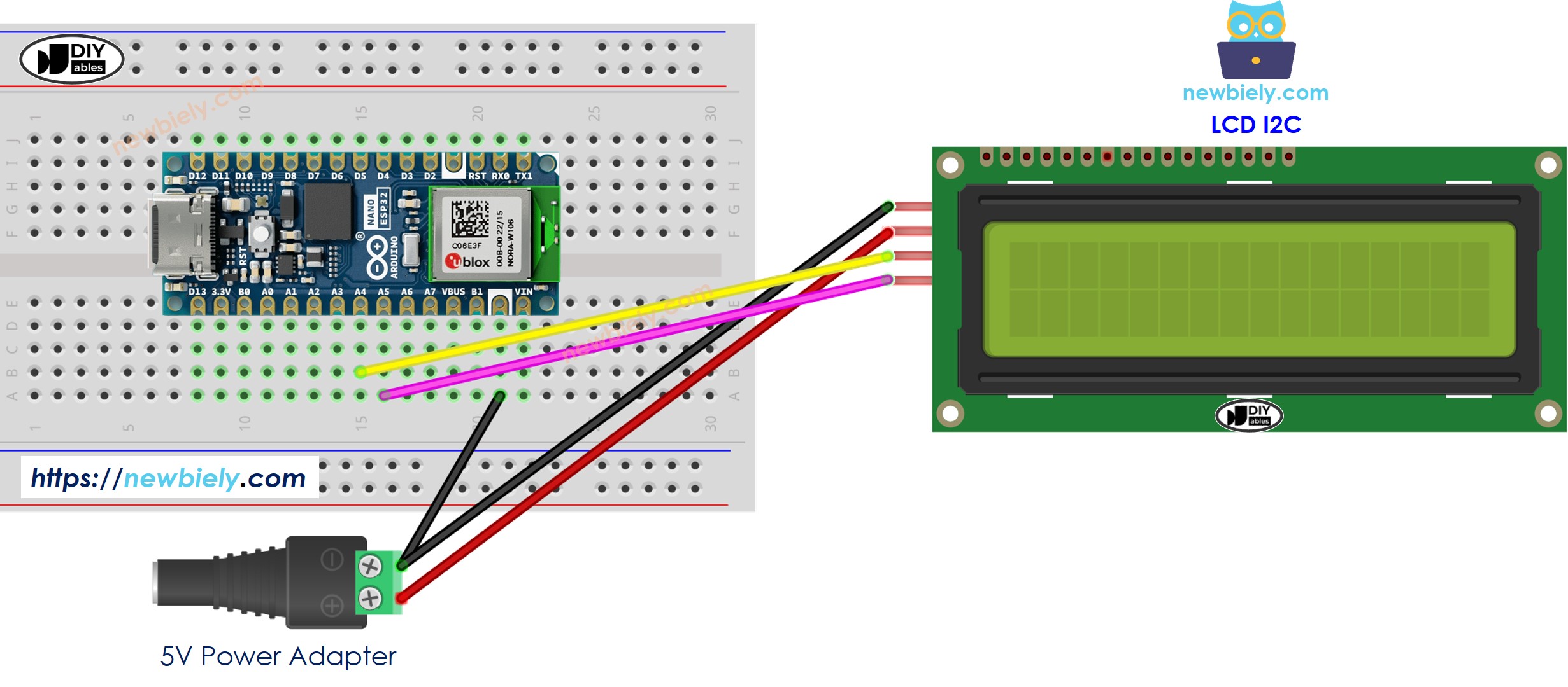 The wiring diagram between Arduino Nano ESP32 and LCD I2C