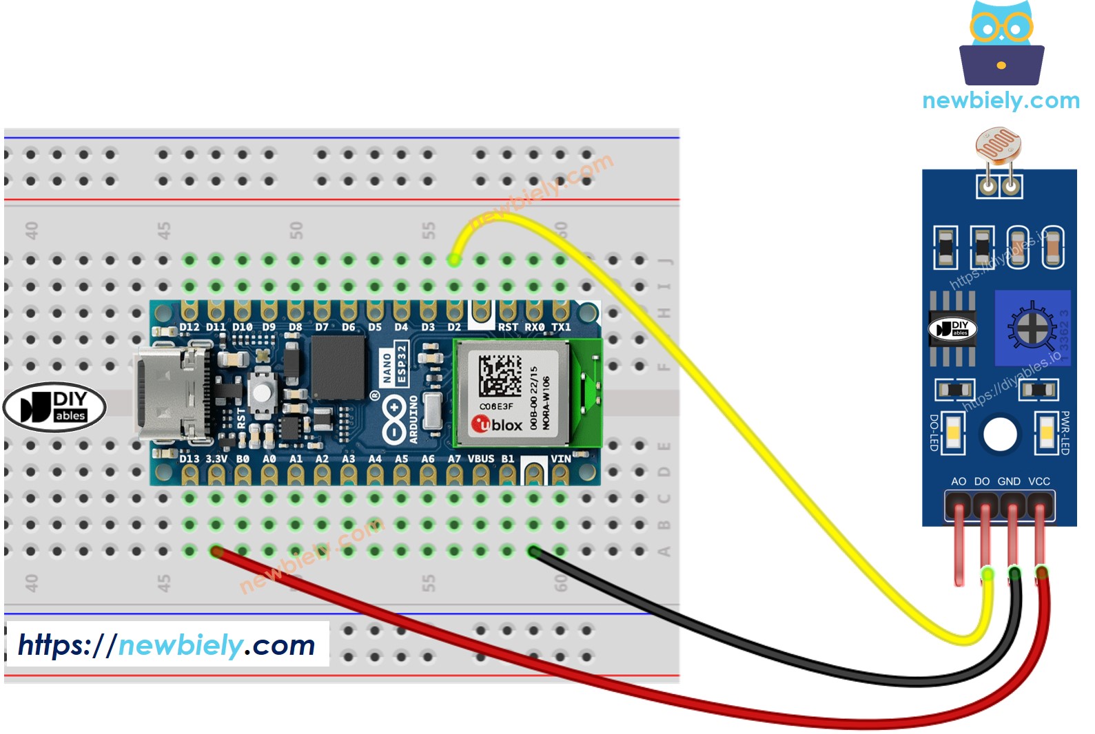 The wiring diagram between Arduino Nano ESP32 and LDR Light Sensor Module