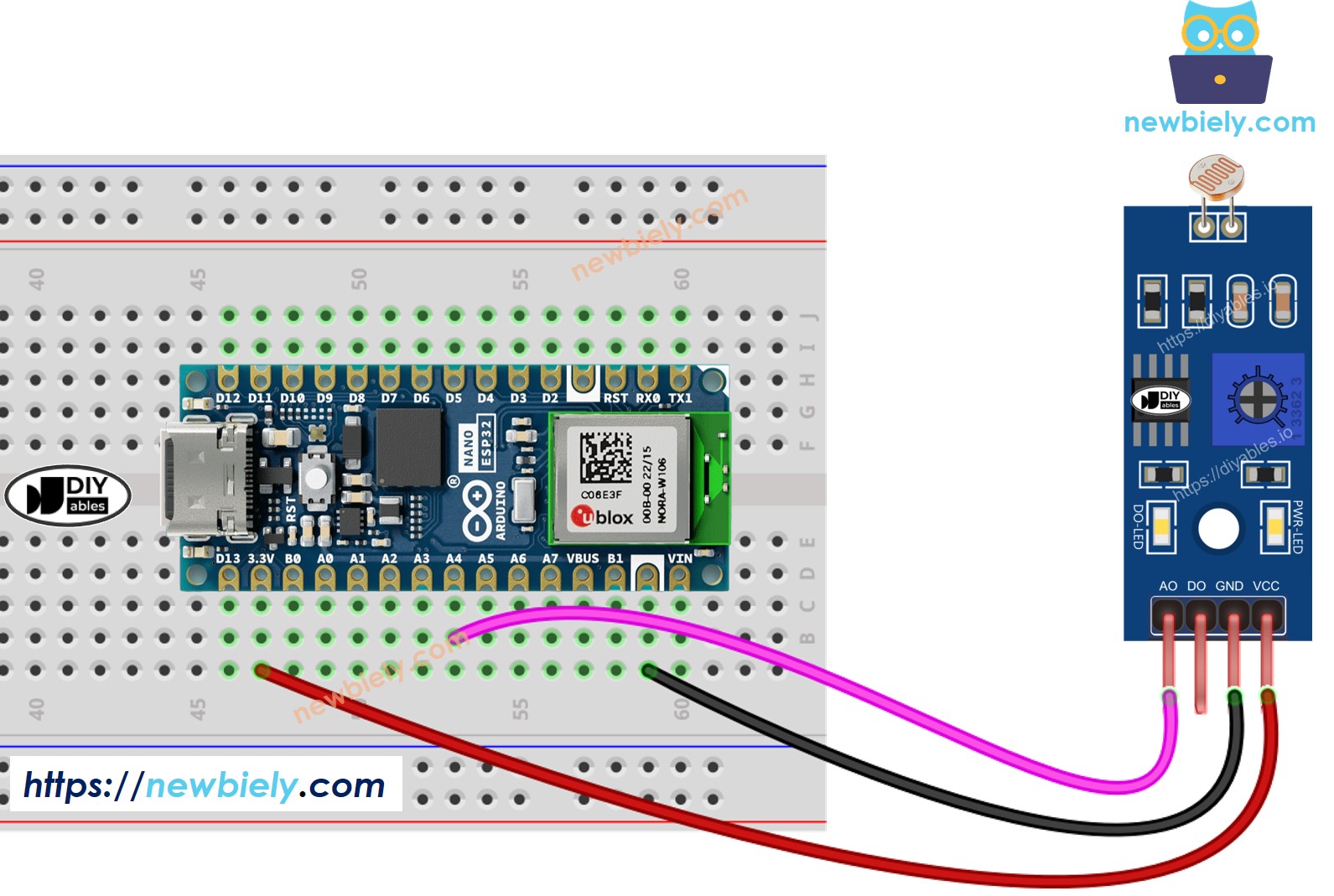 The wiring diagram between Arduino Nano ESP32 and LDR Module