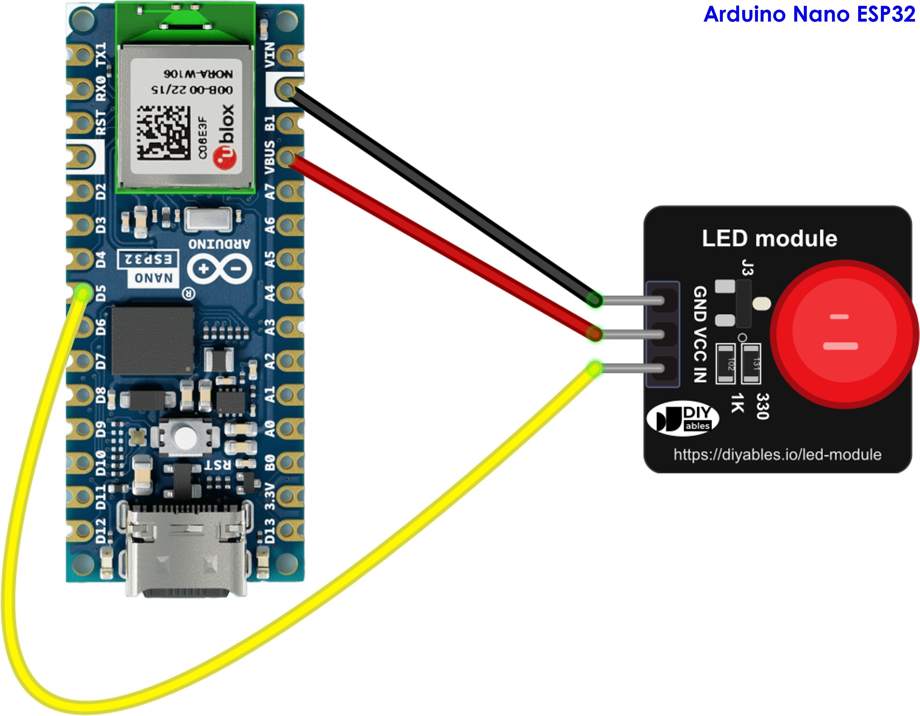 The wiring diagram between Arduino Nano ESP32 and LED module