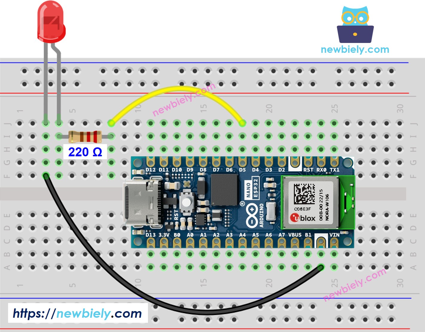 The wiring diagram between Arduino Nano ESP32 and LED
