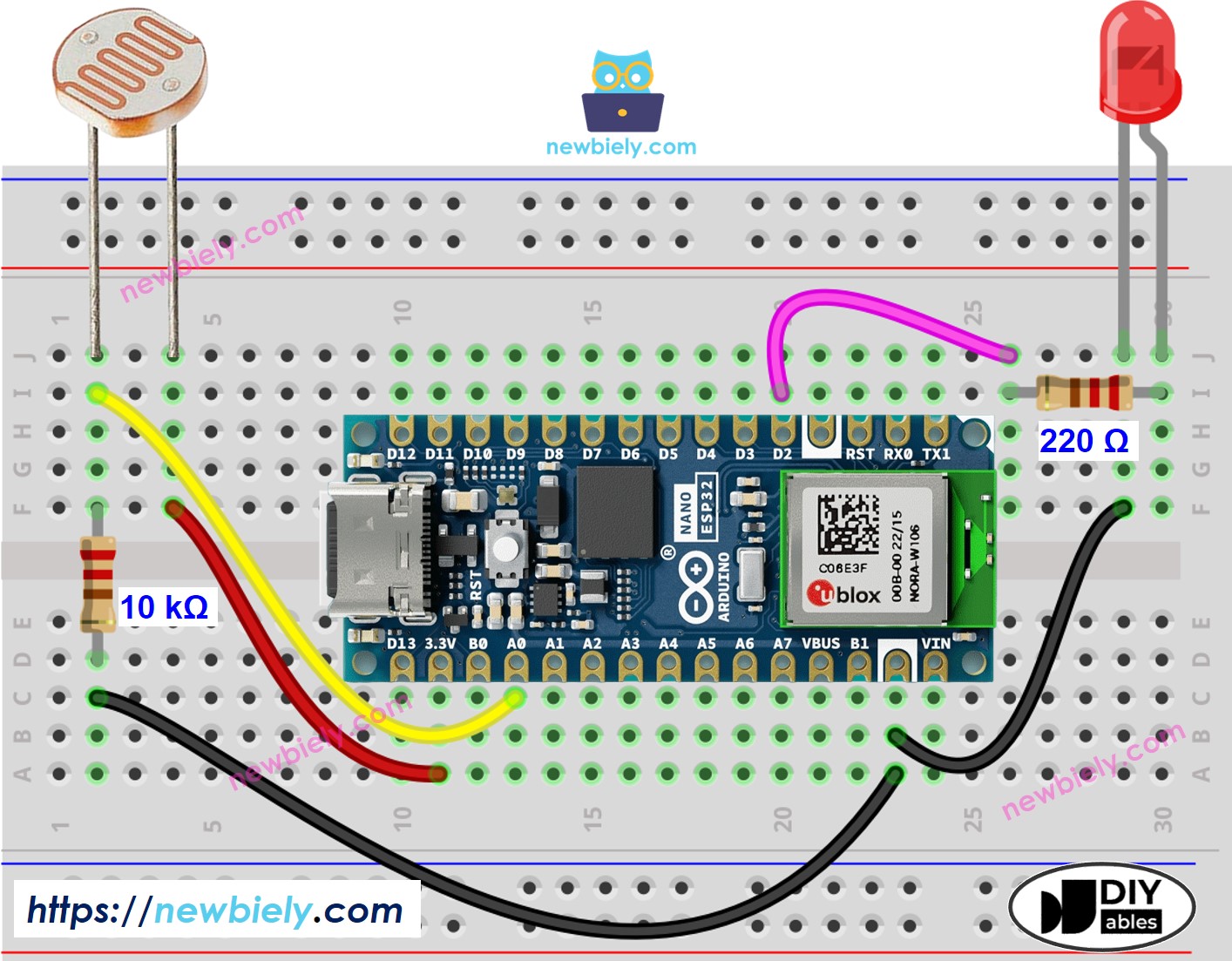 The wiring diagram between Arduino Nano ESP32 and Light Sensor LED