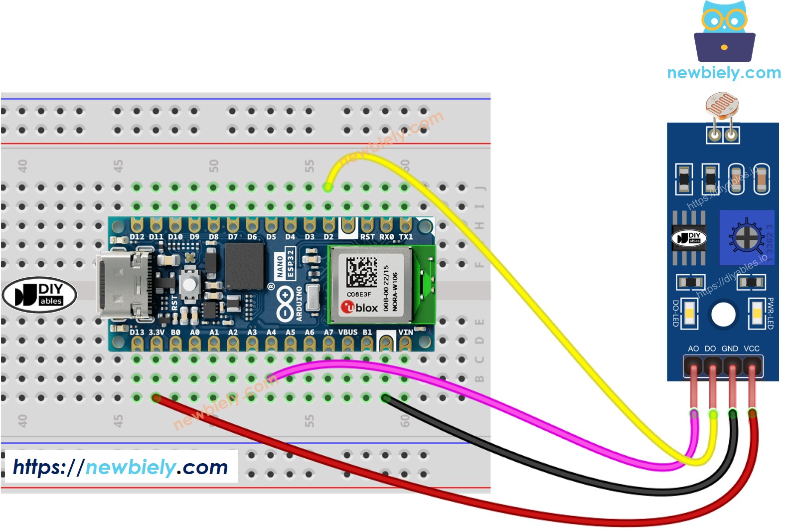 The wiring diagram between Arduino Nano ESP32 and Light Sensor Module