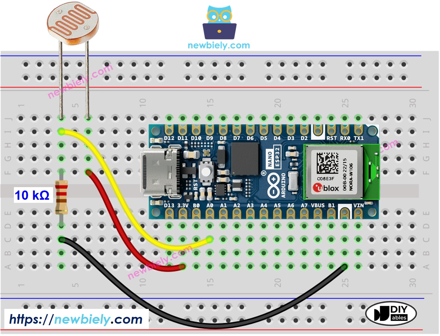 The wiring diagram between Arduino Nano ESP32 and Light Sensor