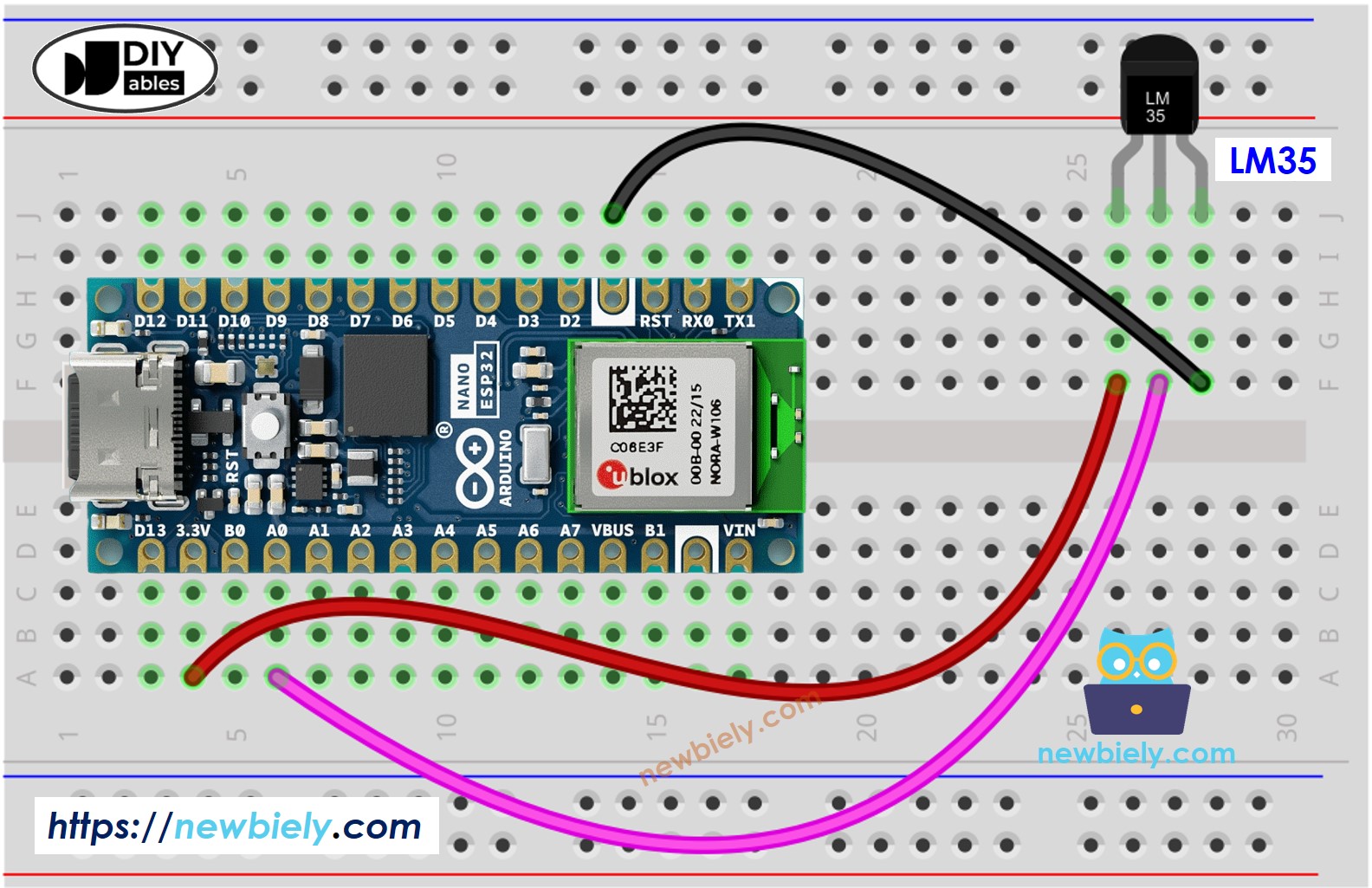 The wiring diagram between Arduino Nano ESP32 and LM35 temperature sensor
