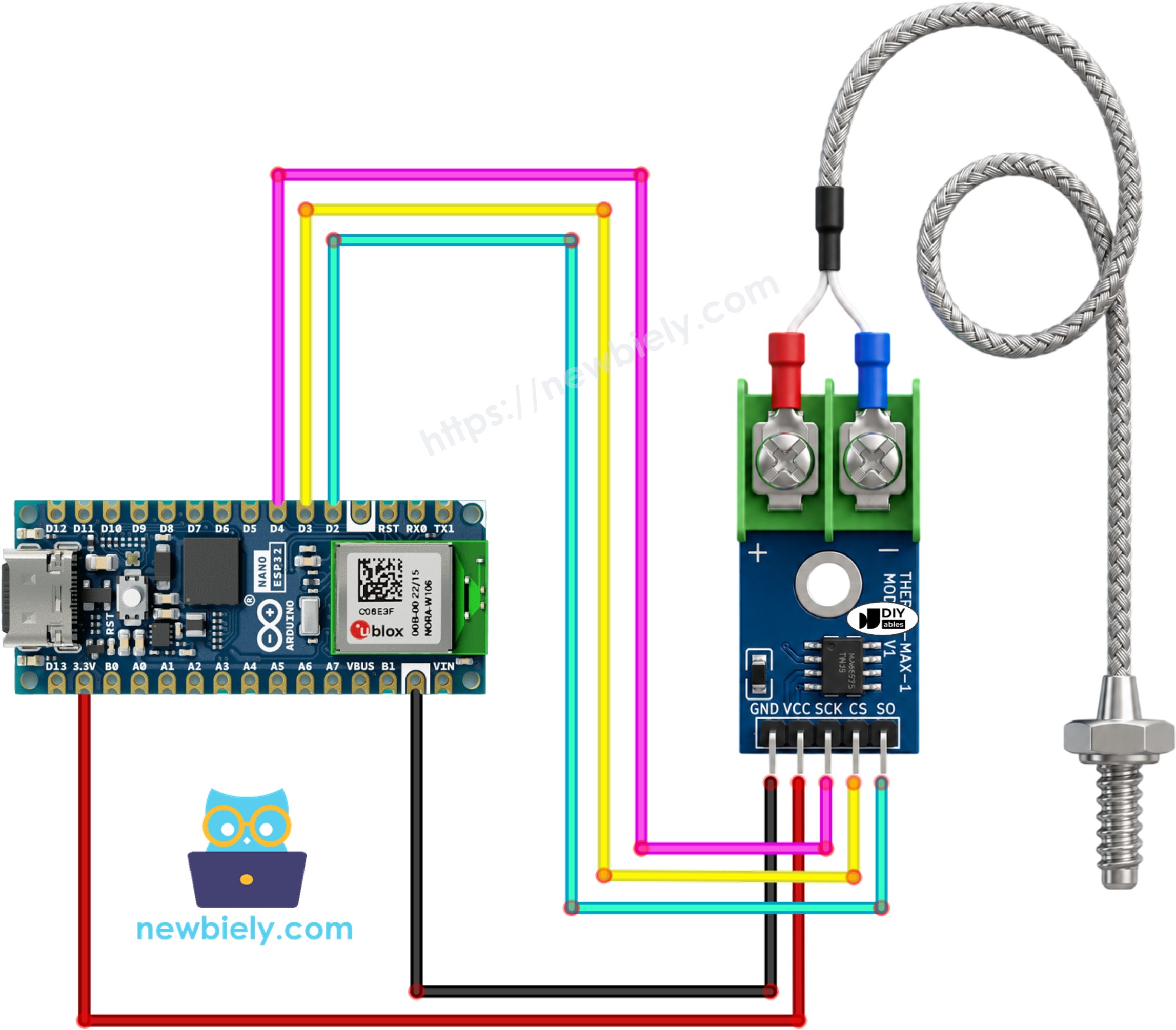 The wiring diagram between Arduino Nano ESP32 and MAX6675 thermocouple module