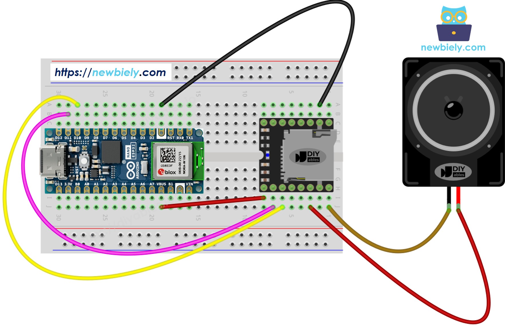 The wiring diagram between Arduino Nano ESP32 and Mini Mp3 Player