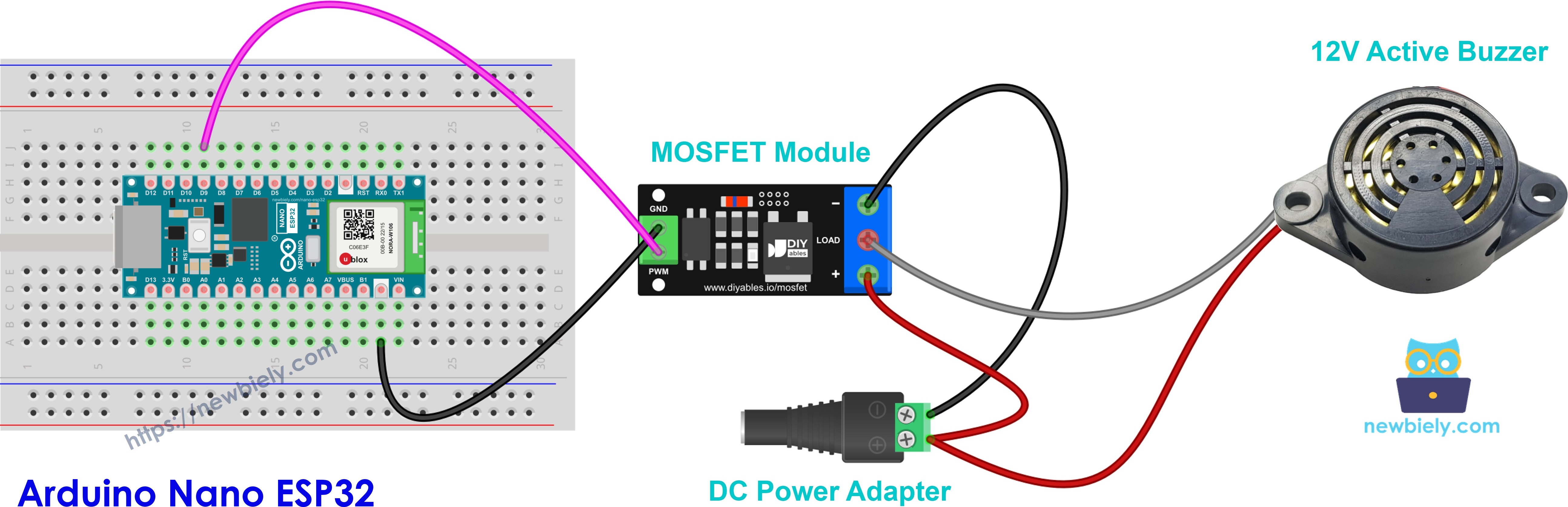 The wiring diagram between Arduino Nano ESP32 and 12V active buzzer MOSFET module