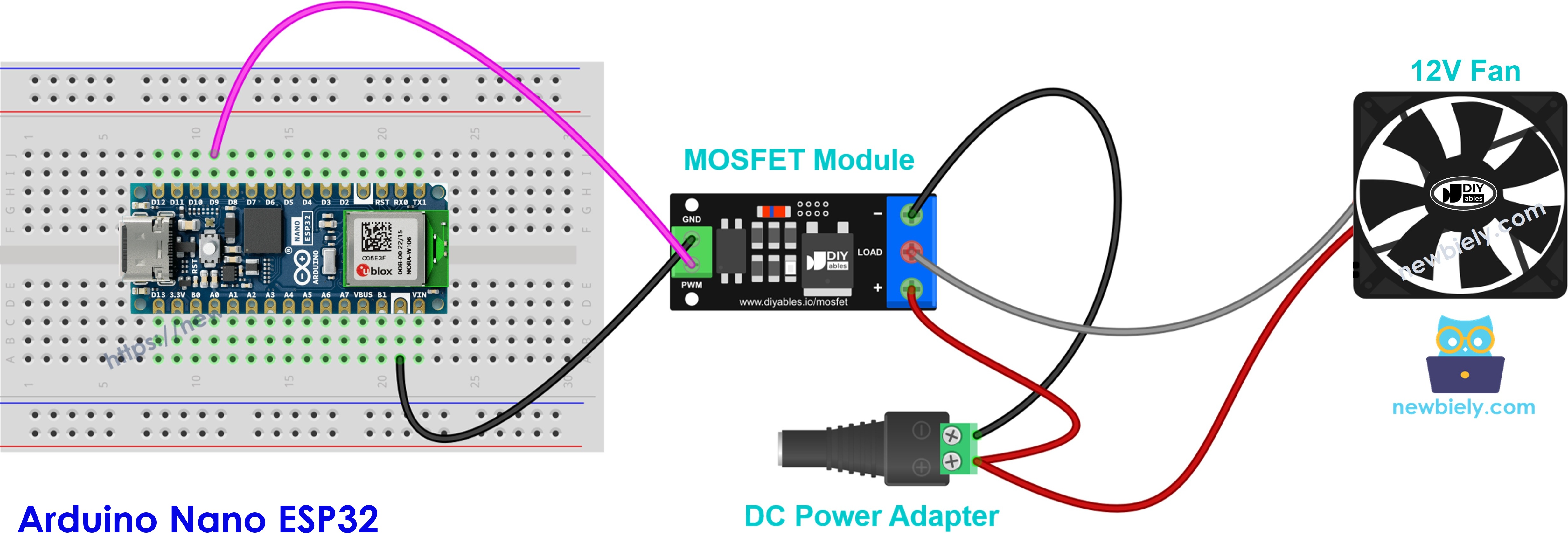 MOSFET module wired to a 12V cooling fan