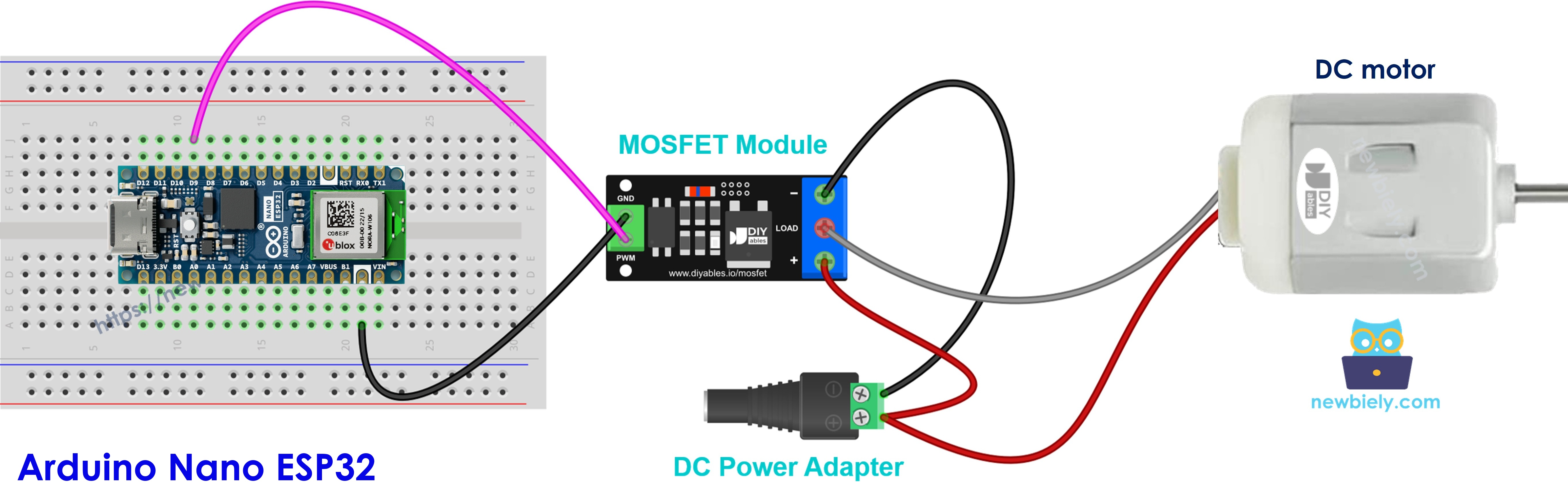 Arduino Nano ESP32 example: MOSFET module driving a 12V DC motor